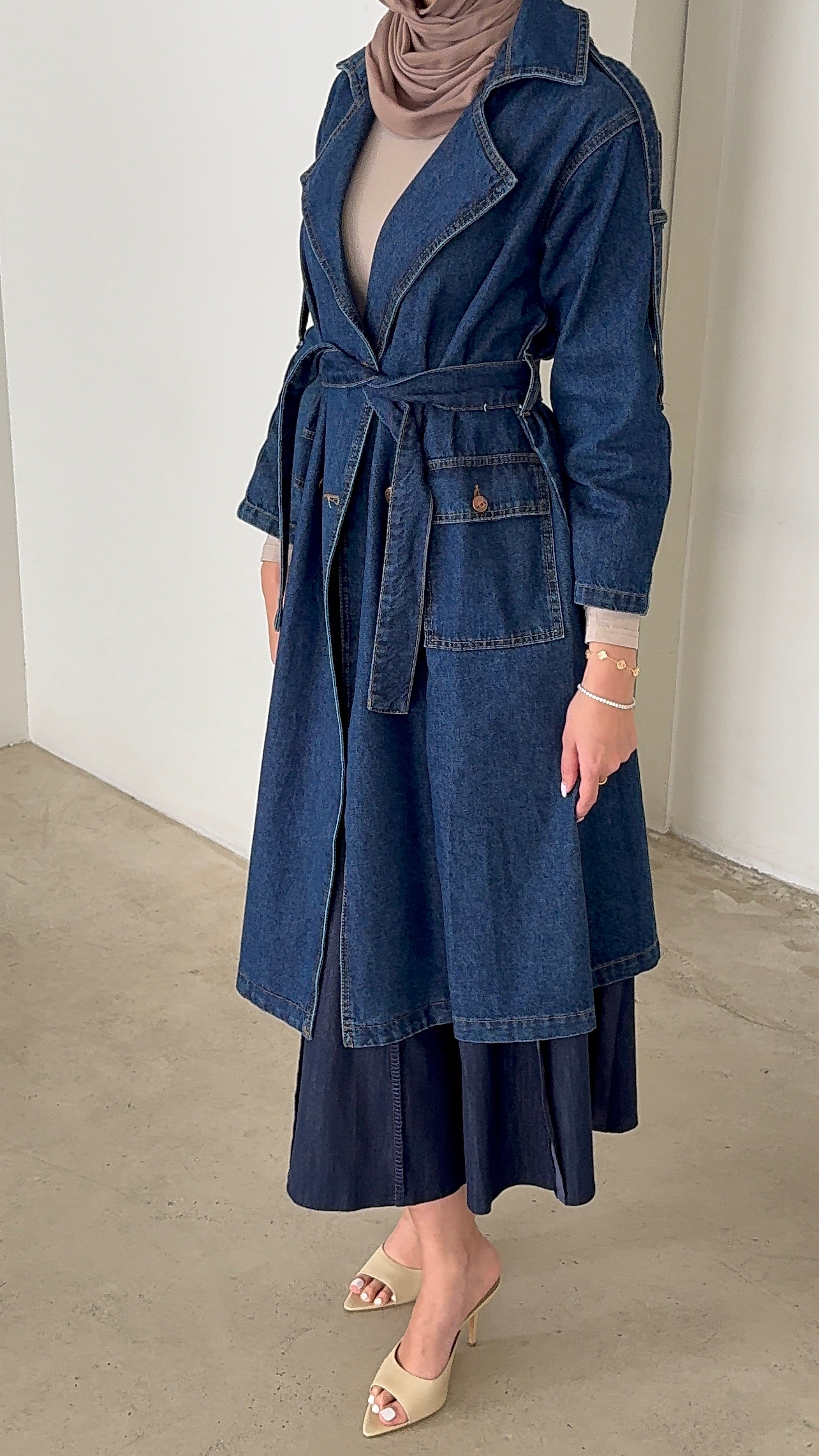 Lightweight trench coat with detachable waist tie long sleeves modest outerwear