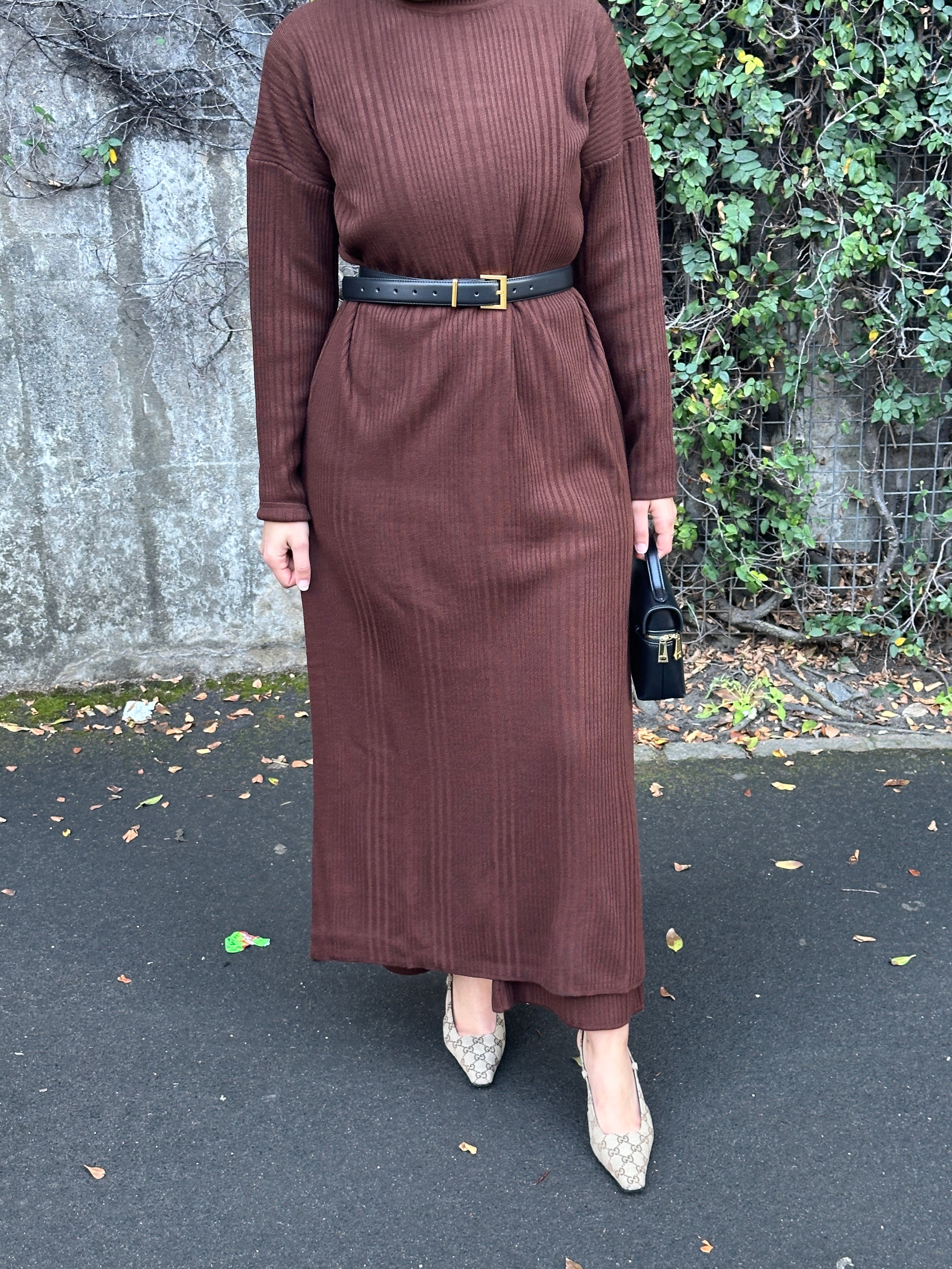 Houda knit set ribbed long top and wide leg pants winter outfit