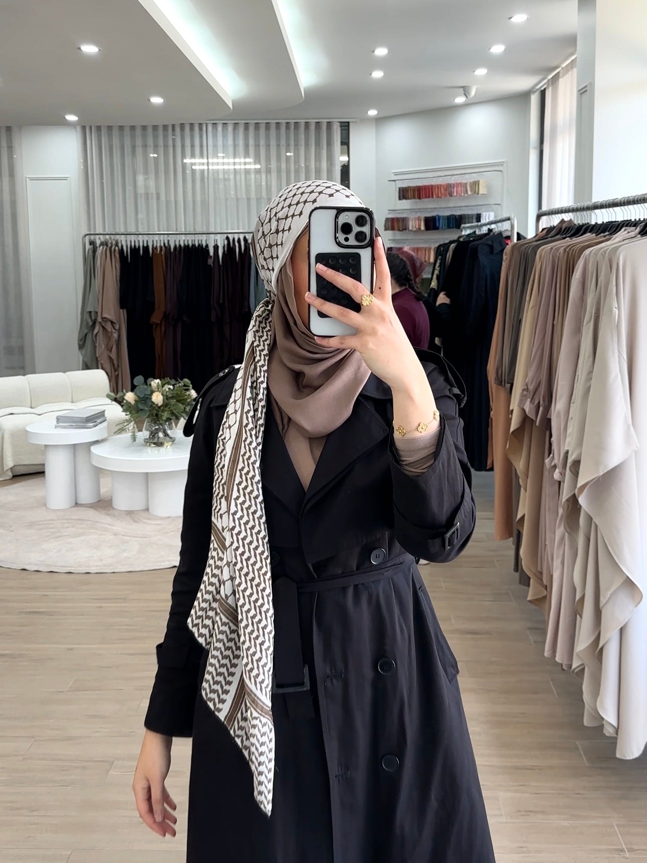 Modal Keffiyeh Print Hijab featuring a traditional keffiyeh-inspired pattern, measuring 180cm x 70cm. Soft, lightweight fabric with generous coverage. A portion of proceeds supports relief efforts in Palestine and Lebanon.