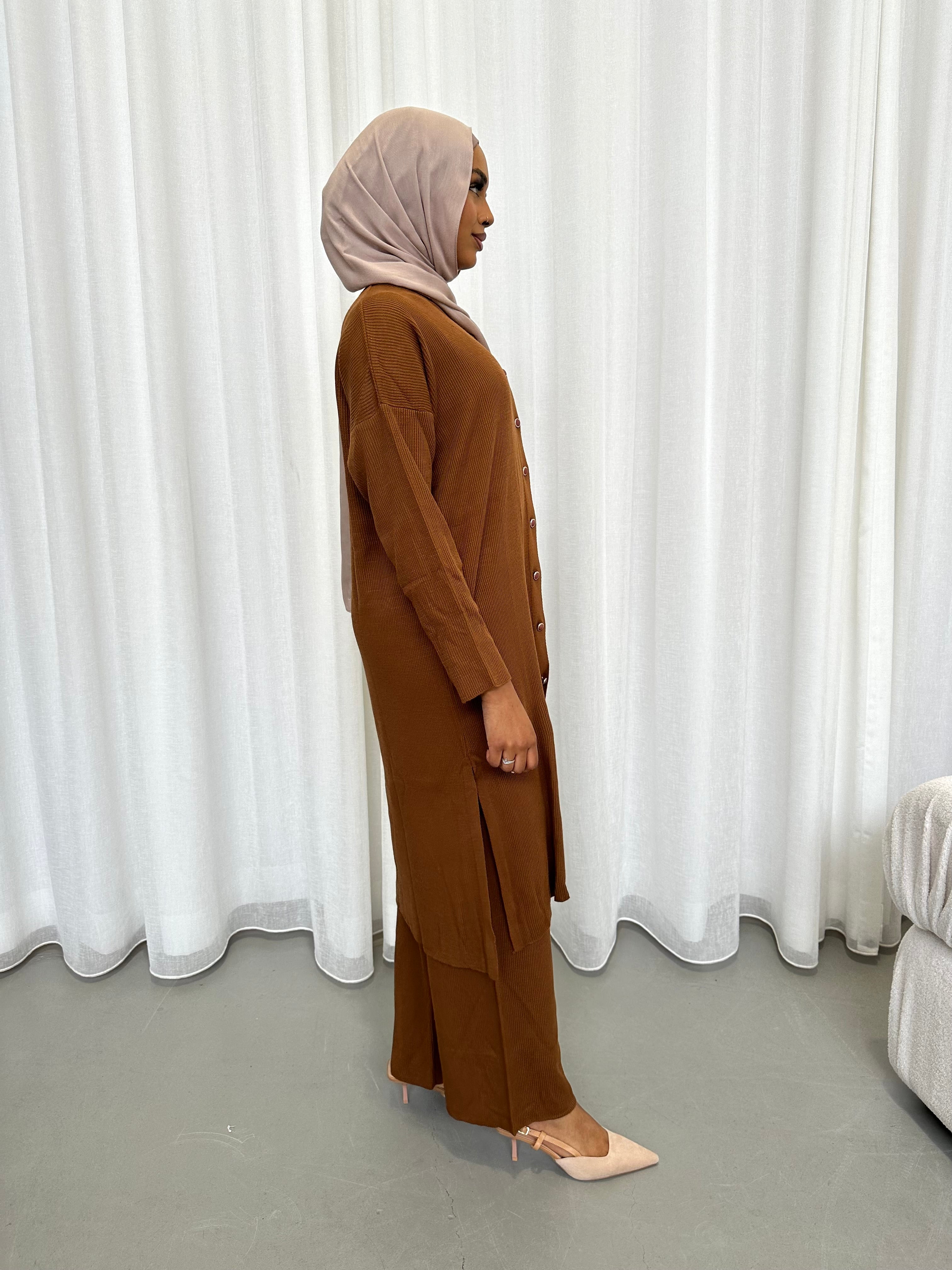 Nadine knit set longline button cardigan with wide leg trousers soft acrylic