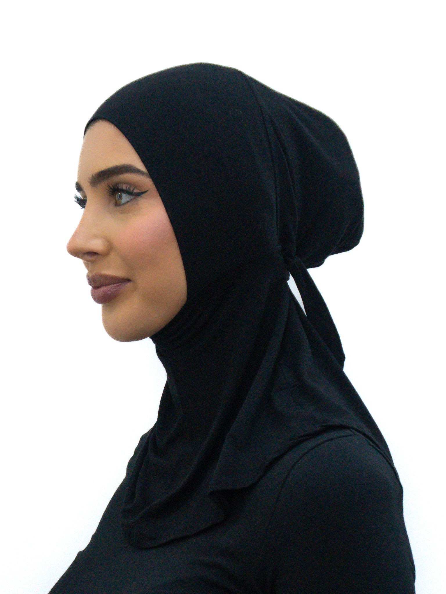 Full coverage neck tie cap ninja undercap in soft bamboo stretch fabric with integrated neck cover and secure fit.