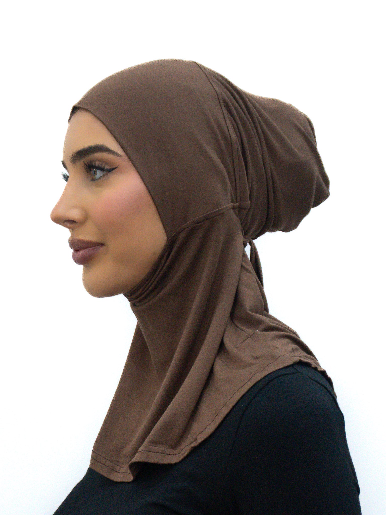 Brown Neck Tie Cap full coverage ninja undercap in soft bamboo stretch fabric with integrated neck cover and secure pull-on fit.