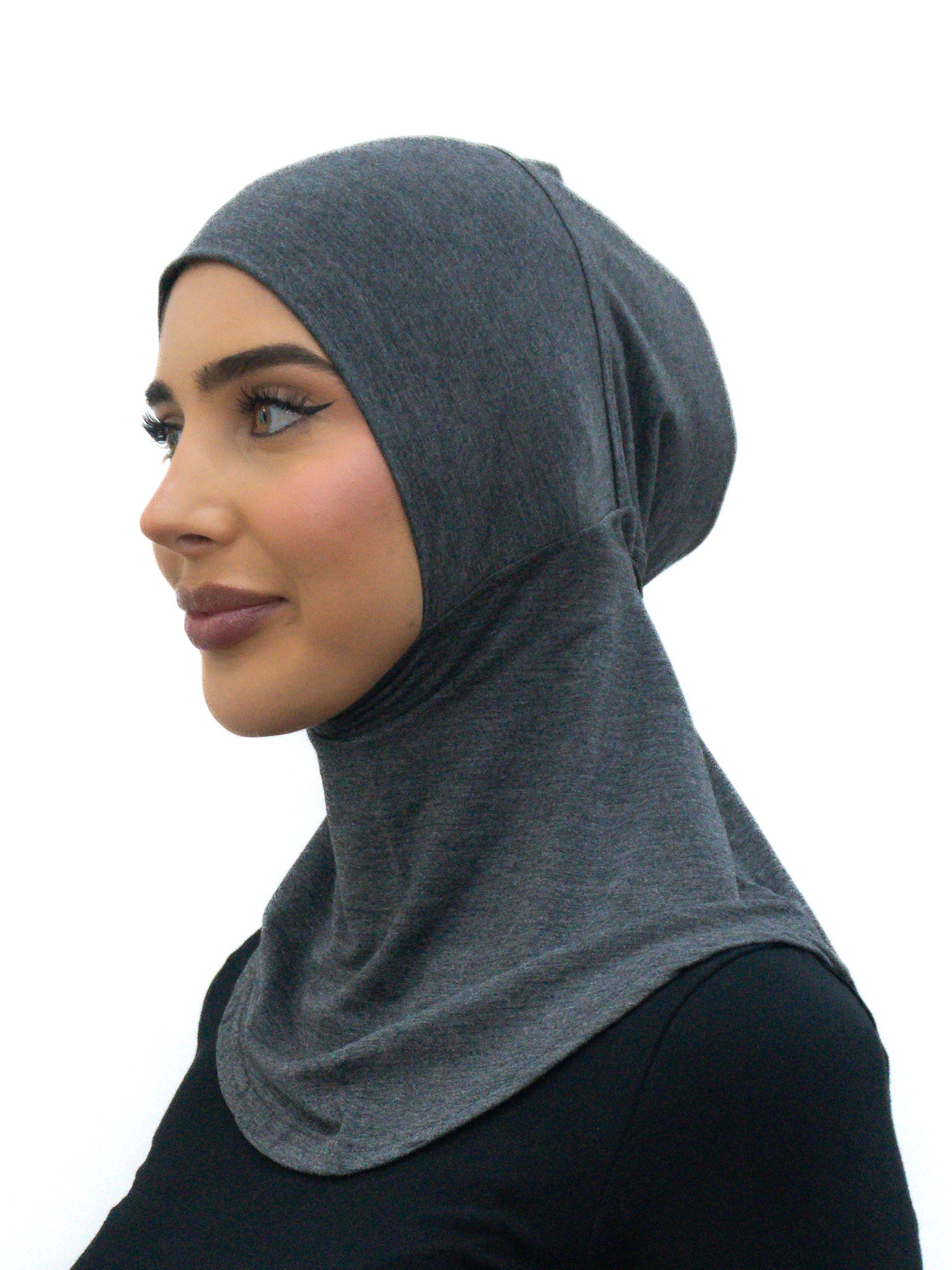 Full coverage neck tie cap ninja undercap in soft bamboo stretch fabric with integrated neck cover and secure fit.