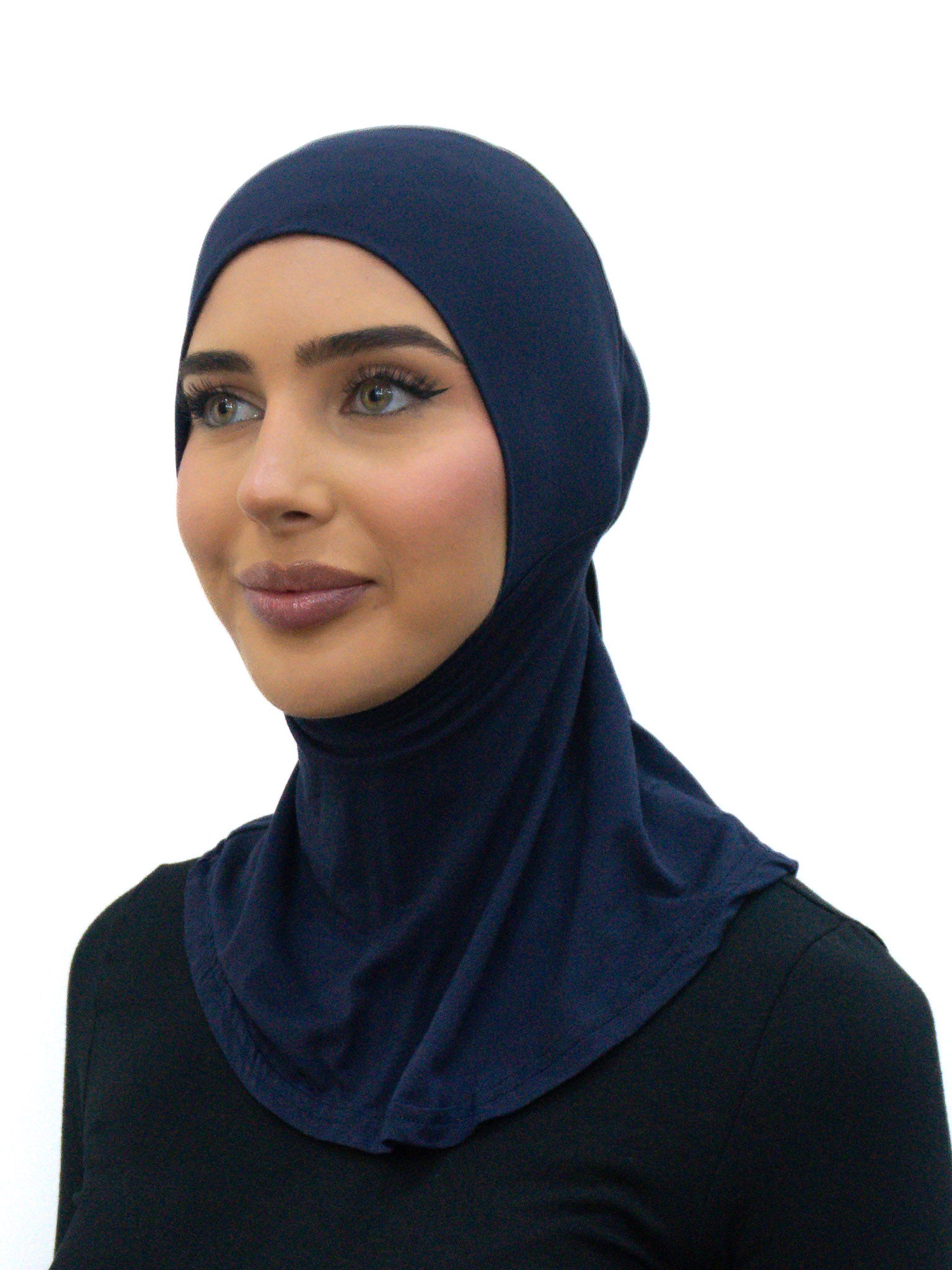 Full coverage neck tie cap ninja undercap in soft bamboo stretch fabric with integrated neck cover and secure fit.