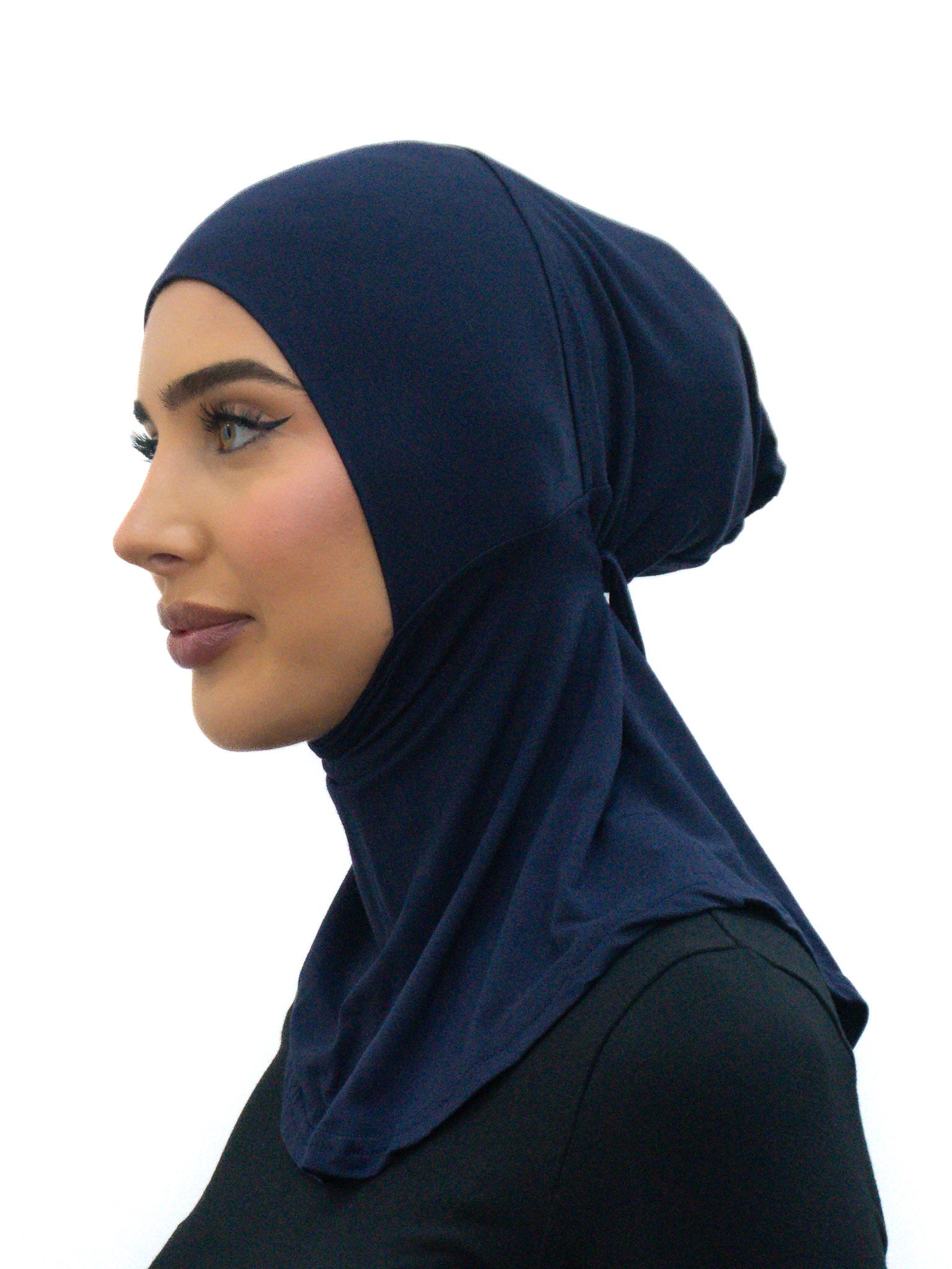 Full coverage neck tie cap ninja undercap in soft bamboo stretch fabric with integrated neck cover and secure fit.