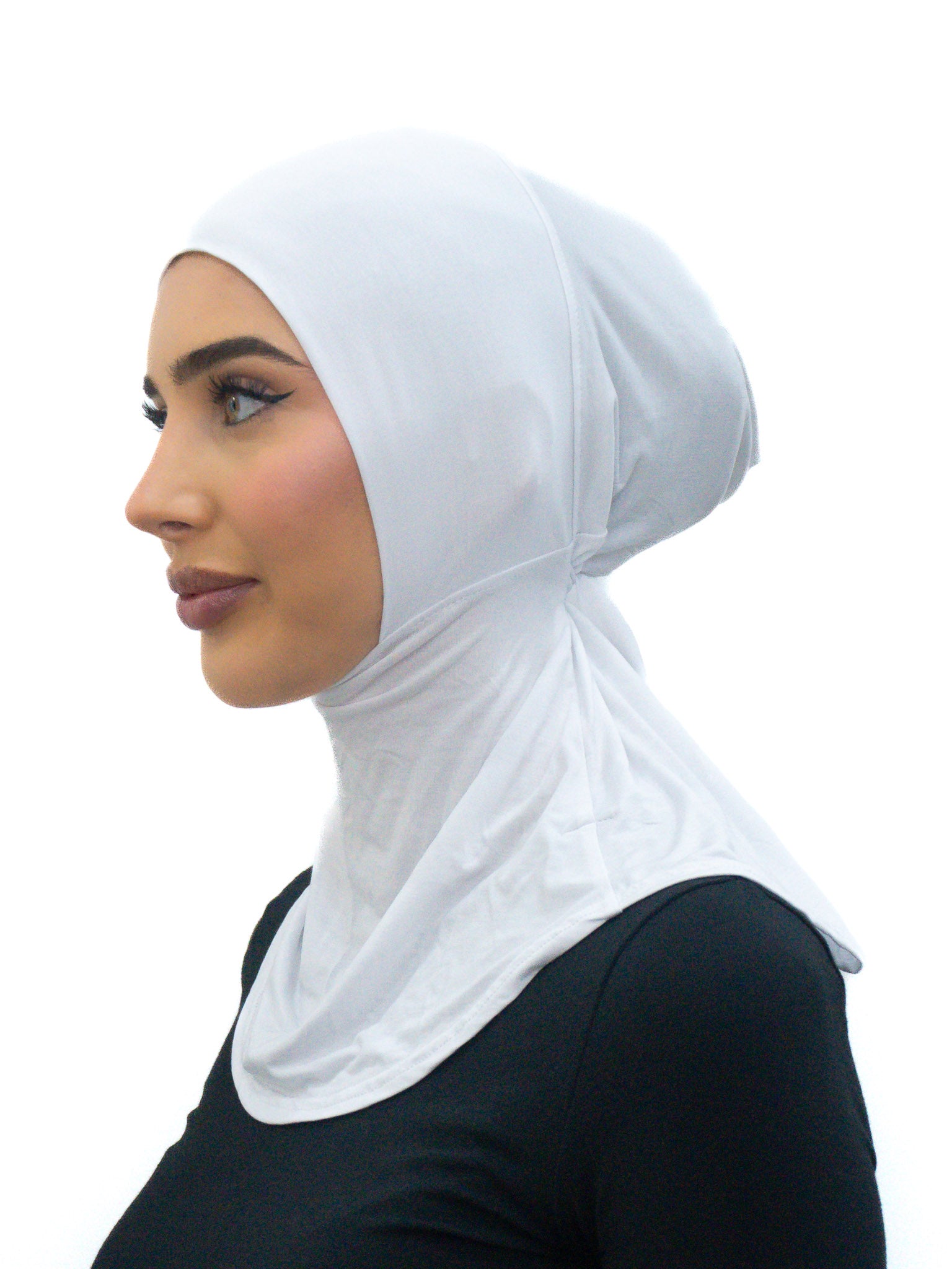 Full coverage neck tie cap ninja undercap in soft bamboo stretch fabric with integrated neck cover and secure fit.