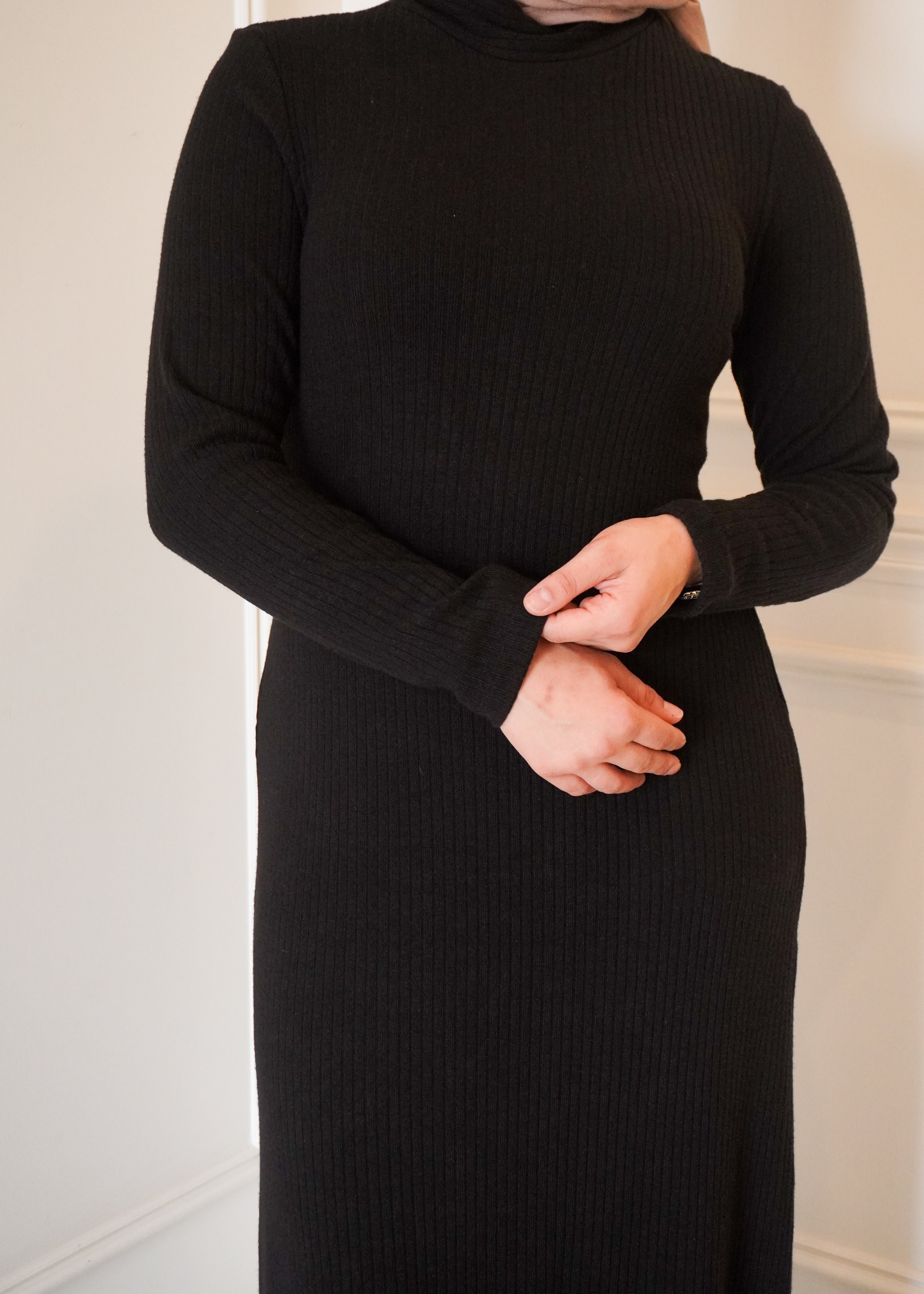 Ribbed knit maxi dress high neck long sleeve fluted hem modest style