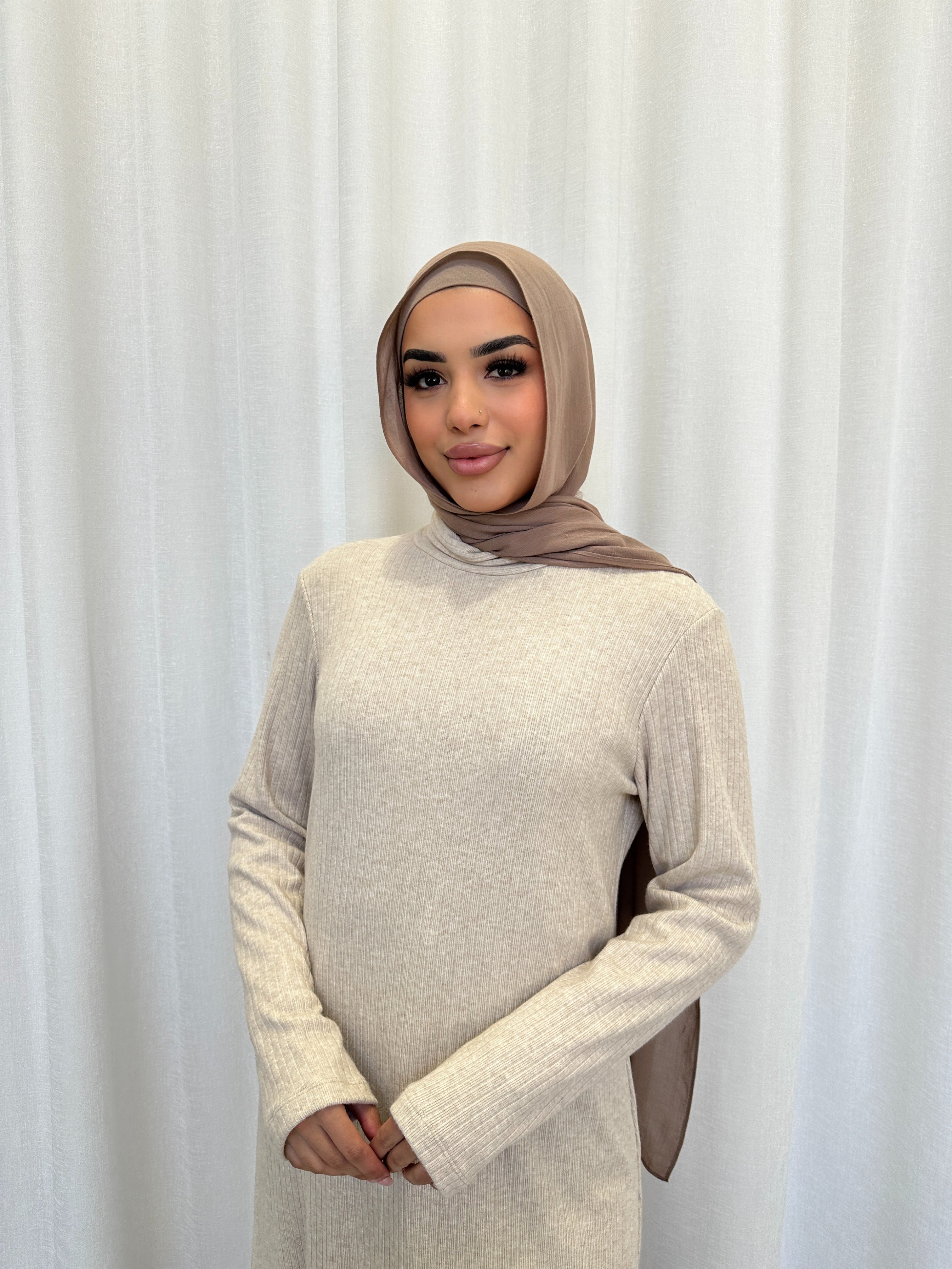 Ribbed knit maxi dress high neck long sleeve fluted hem modest style
