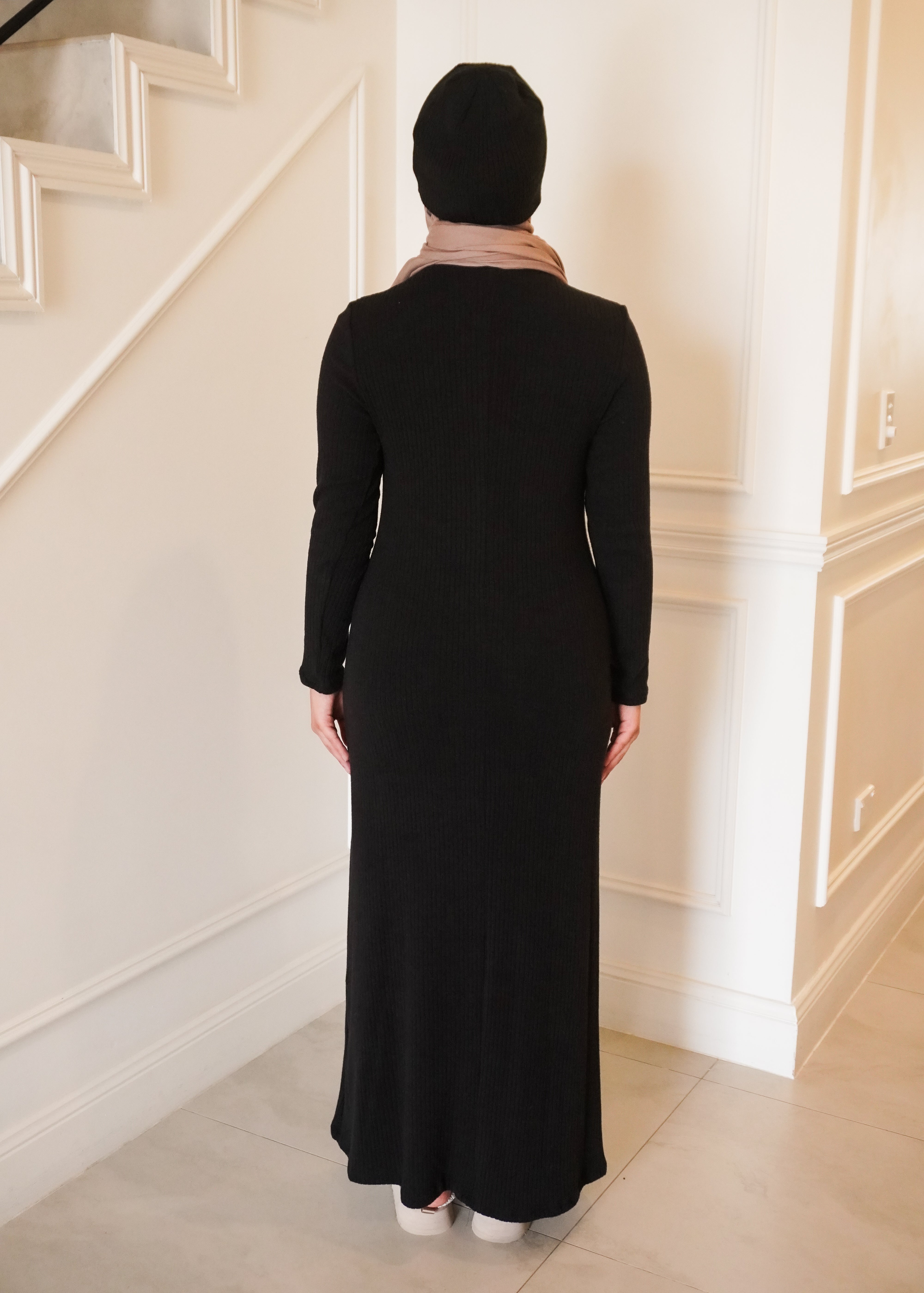 Ribbed knit maxi dress high neck long sleeve fluted hem modest style