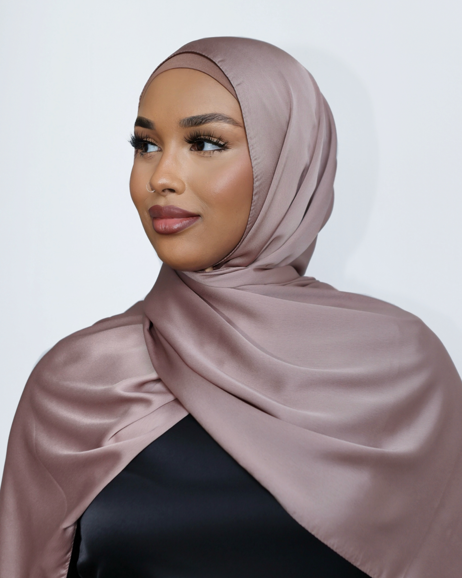 silk look formal hijab in dusty rose