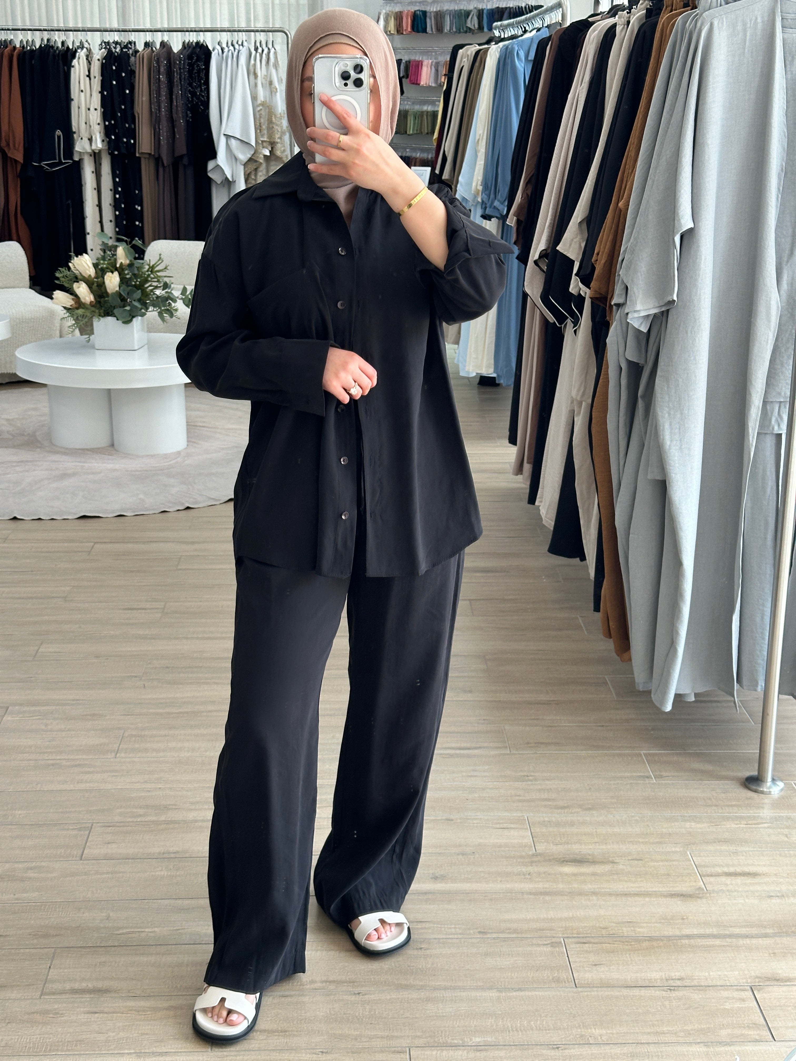 women's 2 piece summer set includes button top and comfortable wide pants. Lightweight, breathable and versatile. modest, hijab-friendly.