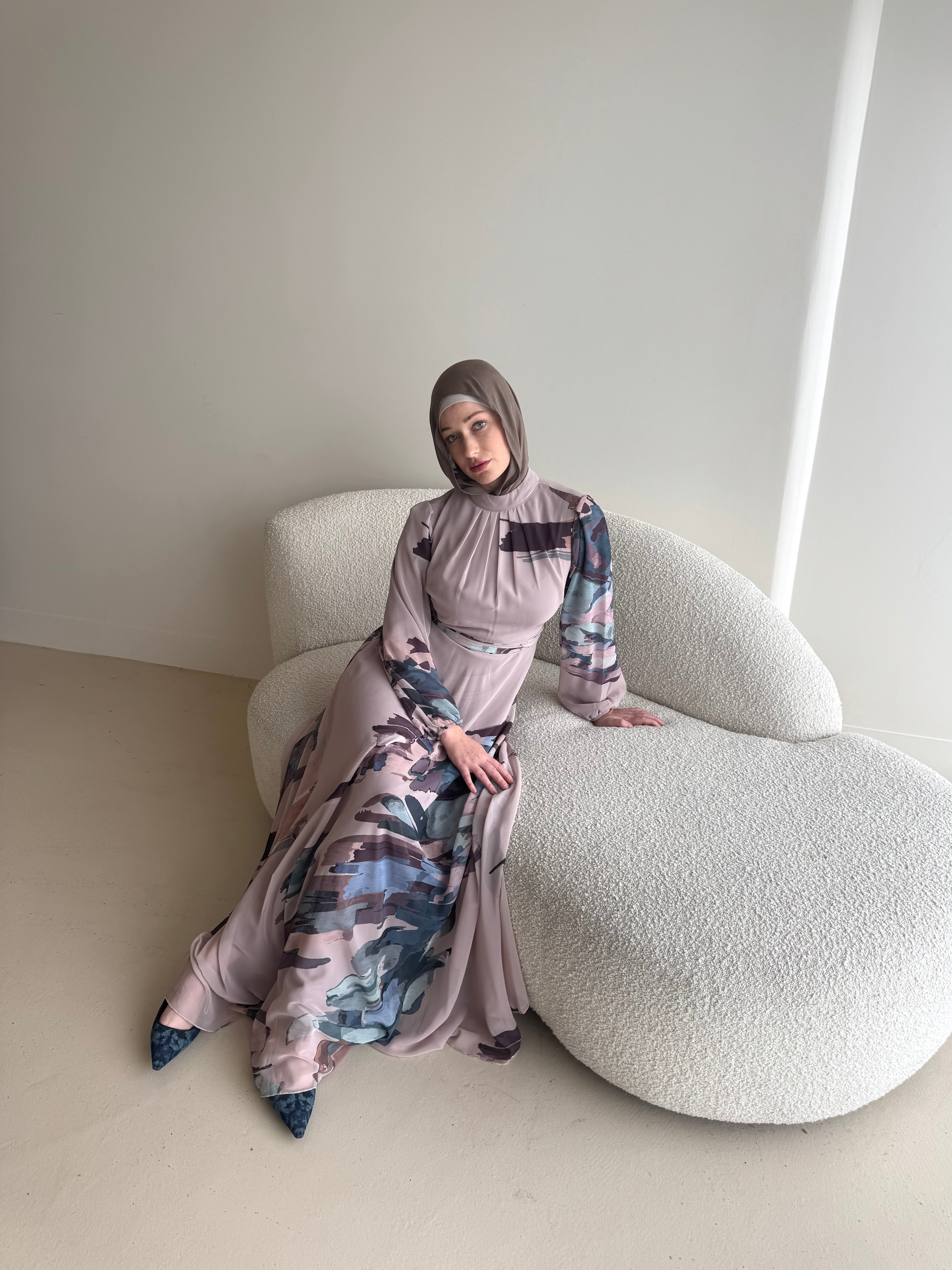 women's maxi chiffon printed dress with abstract print and long sleeve or modest, hijabi women for spring/summer.