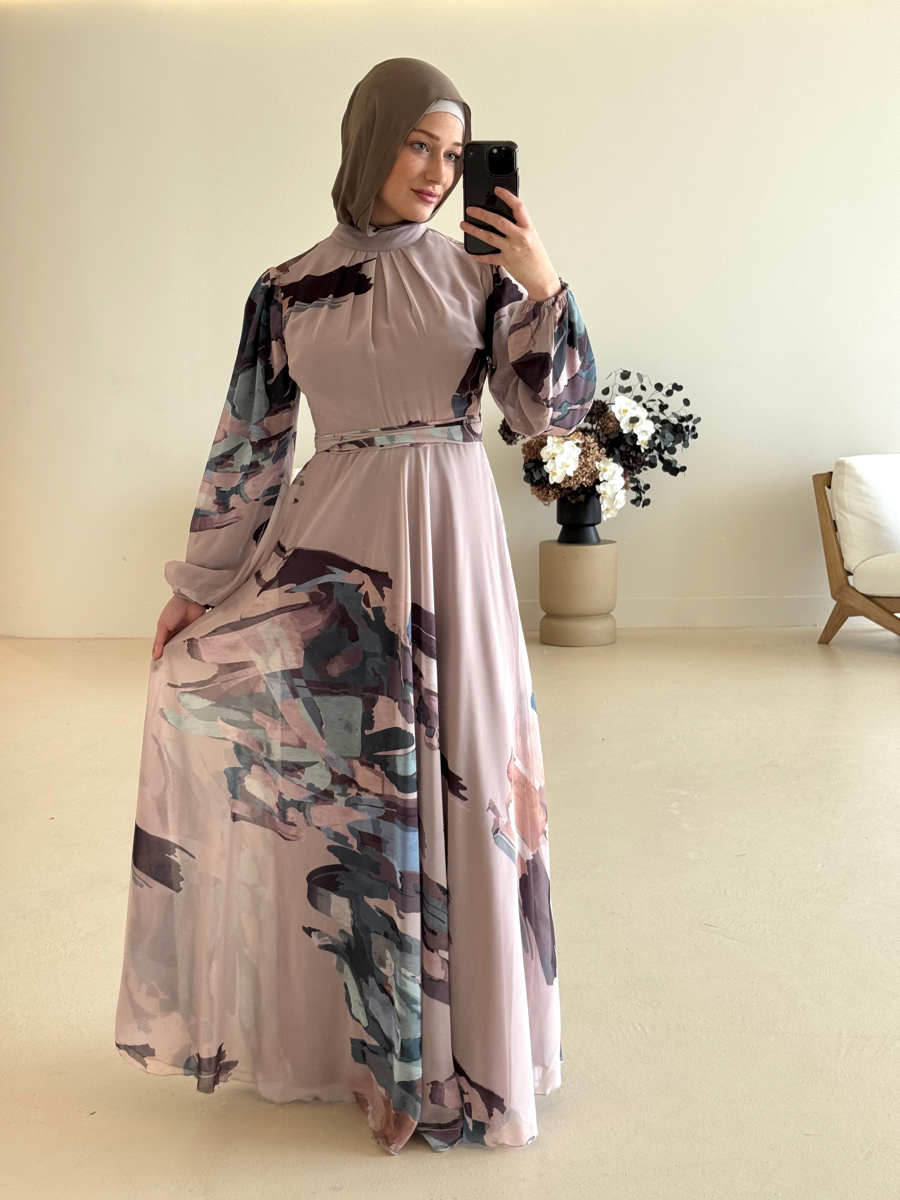 women's maxi chiffon printed dress with abstract print and long sleeve or modest, hijabi women for spring/summer.