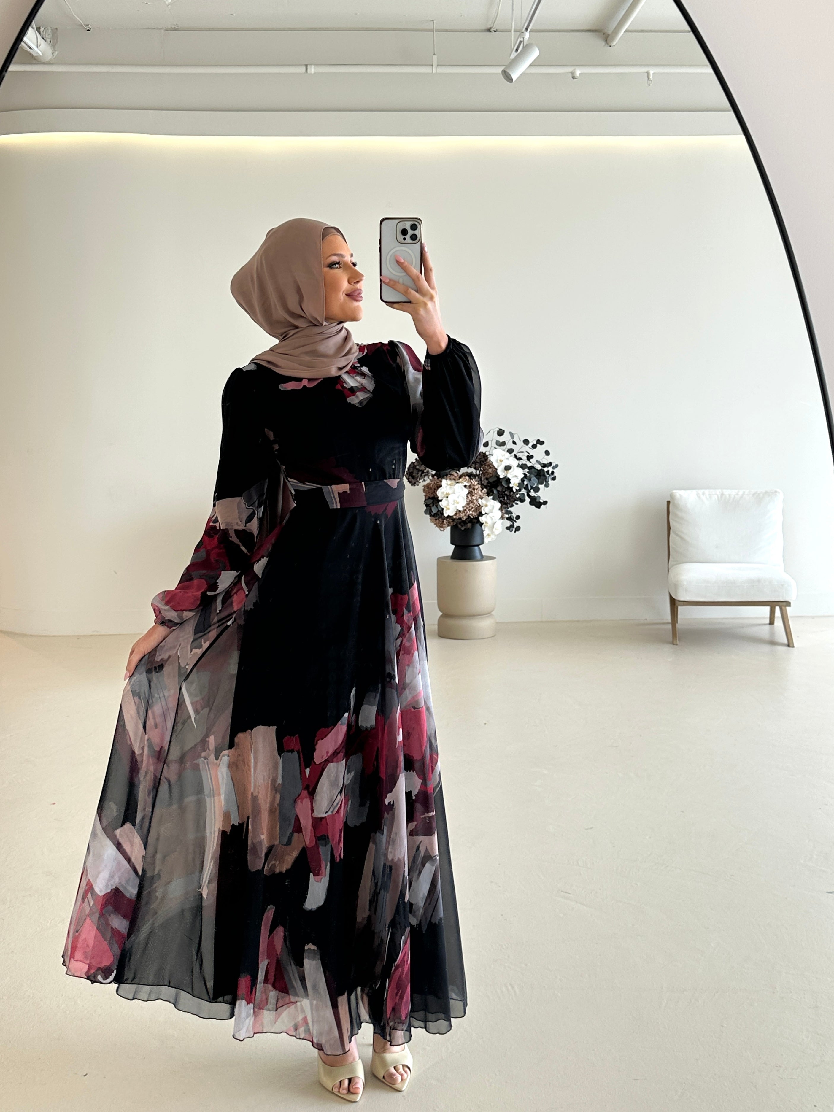 women's long sleeve, maxi abstract print dress, modest with hijab, black, spring/summer dress