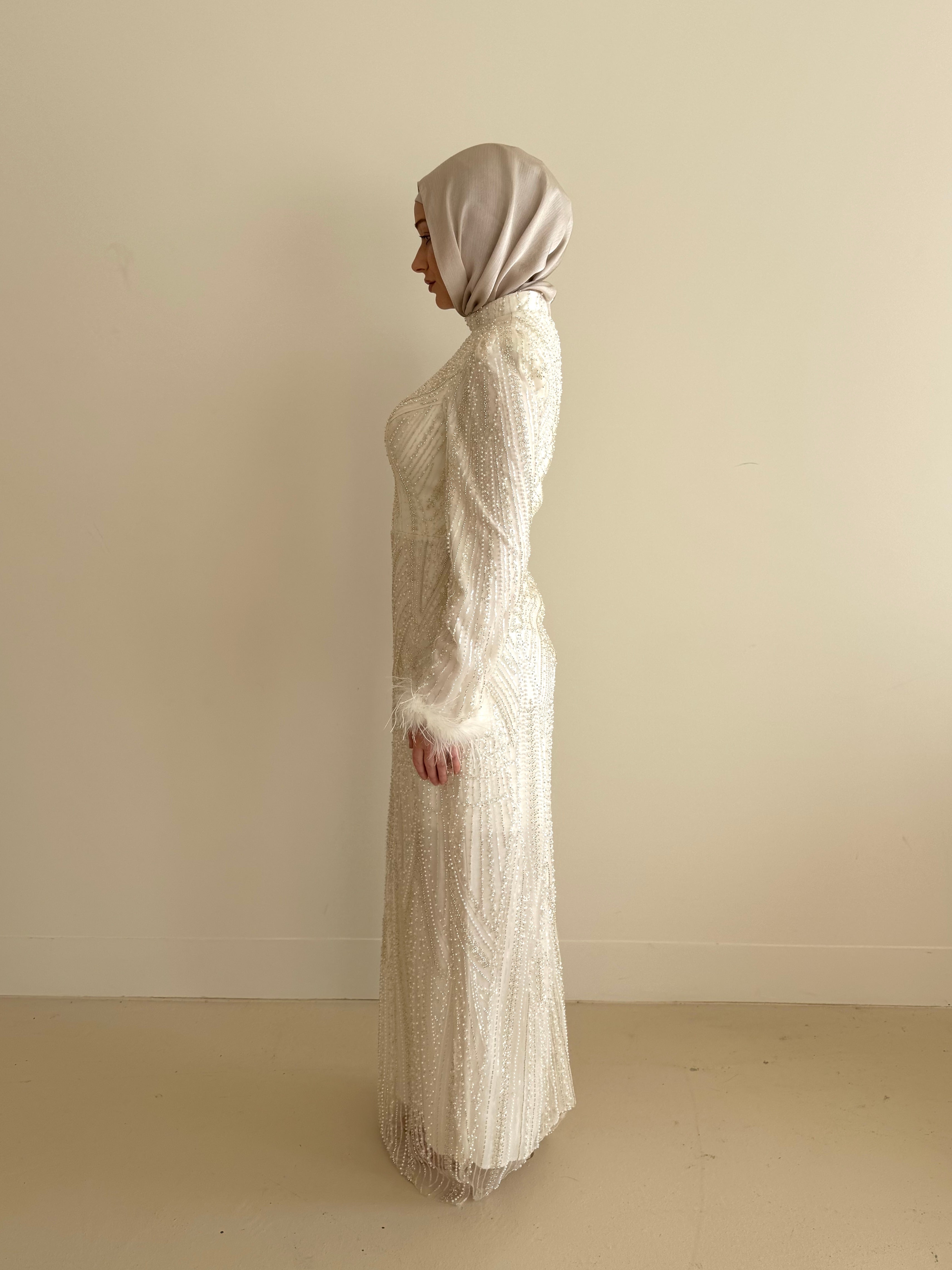 bridal modest nikkah formal dress in ivory with sequins and pearls with long sleeves and maxi full length