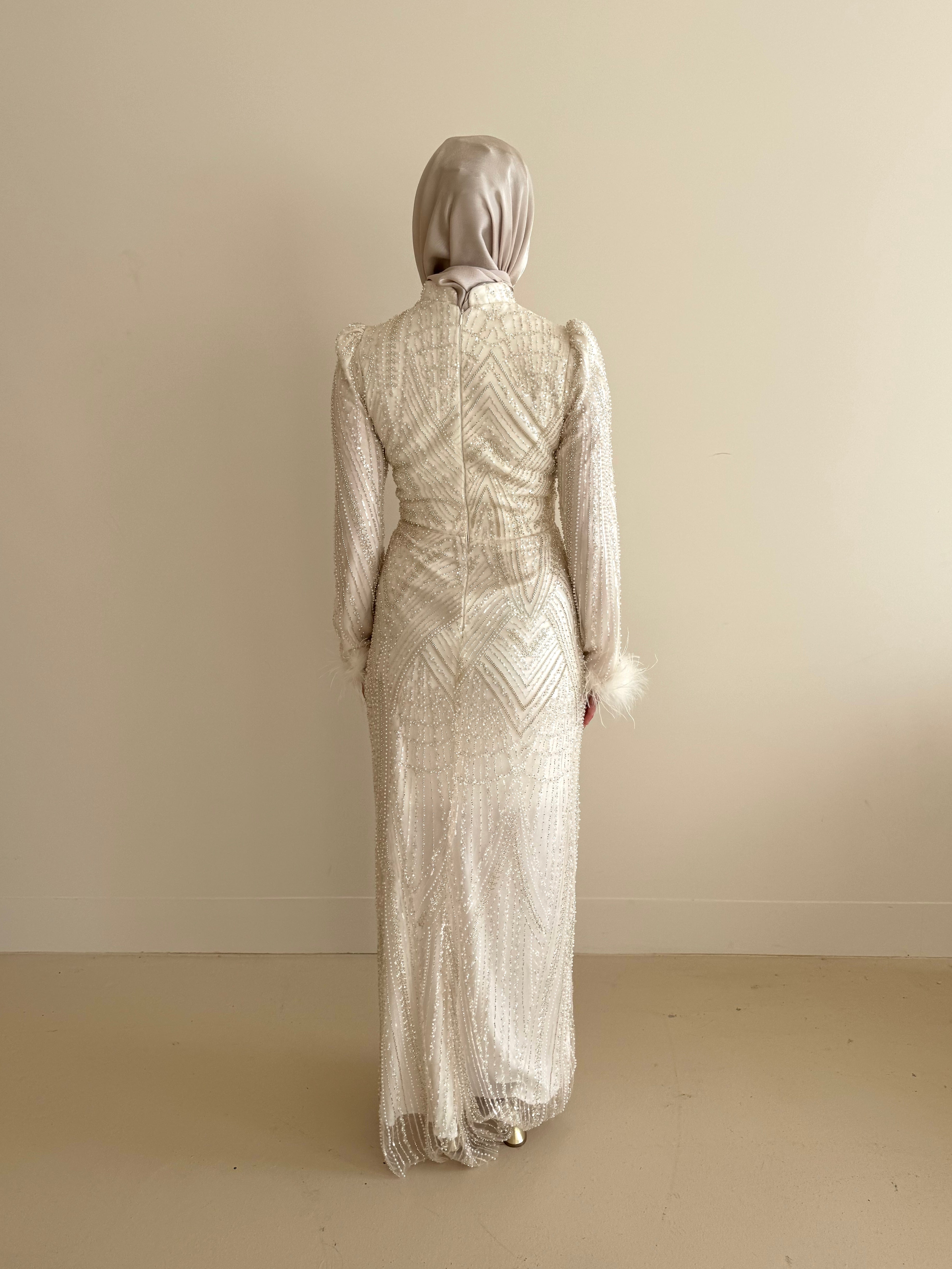 bridal modest nikkah formal dress in ivory with sequins and pearls with long sleeves and maxi full length