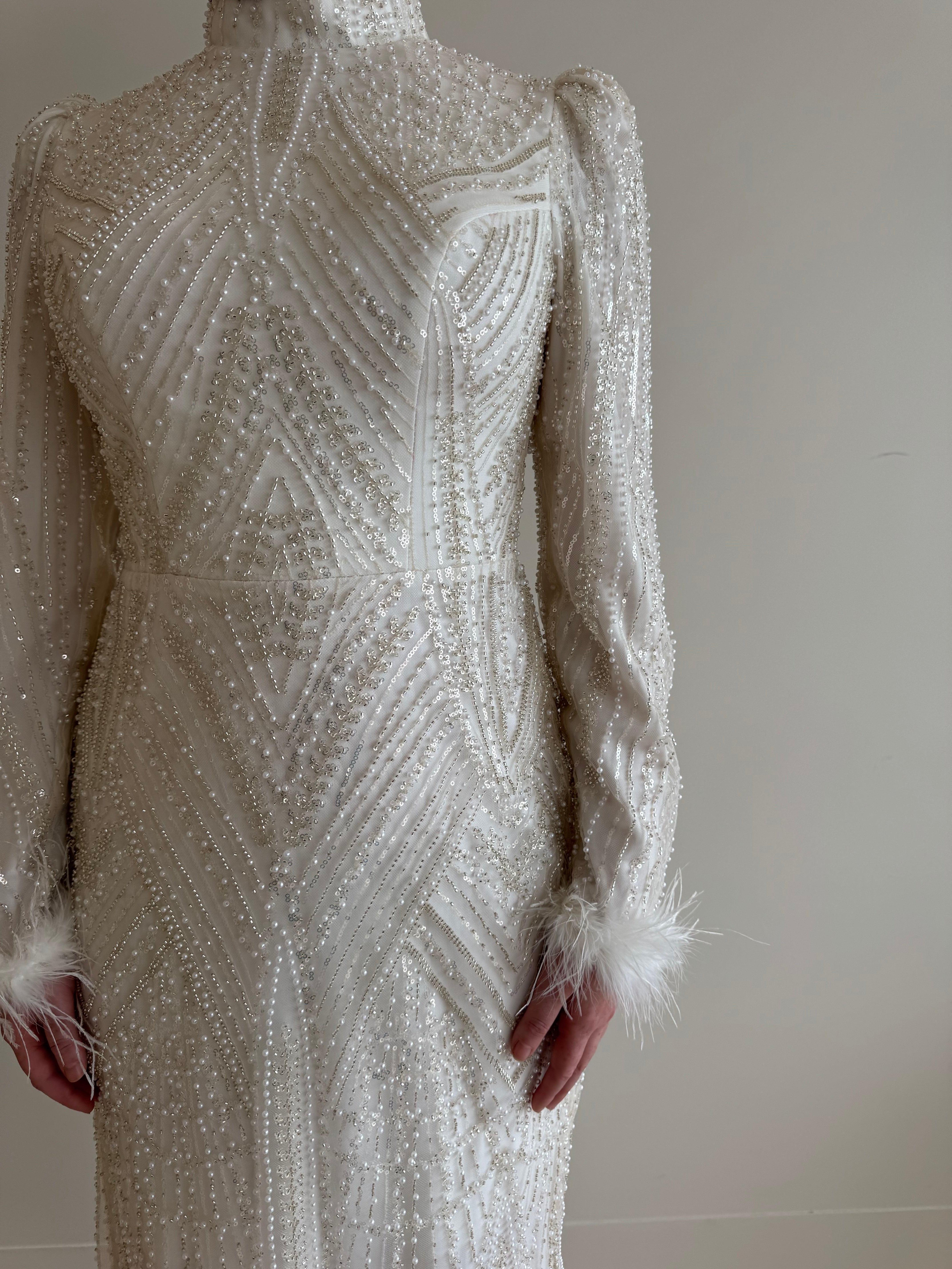 bridal modest nikkah formal dress in ivory with sequins and pearls with long sleeves and maxi full length