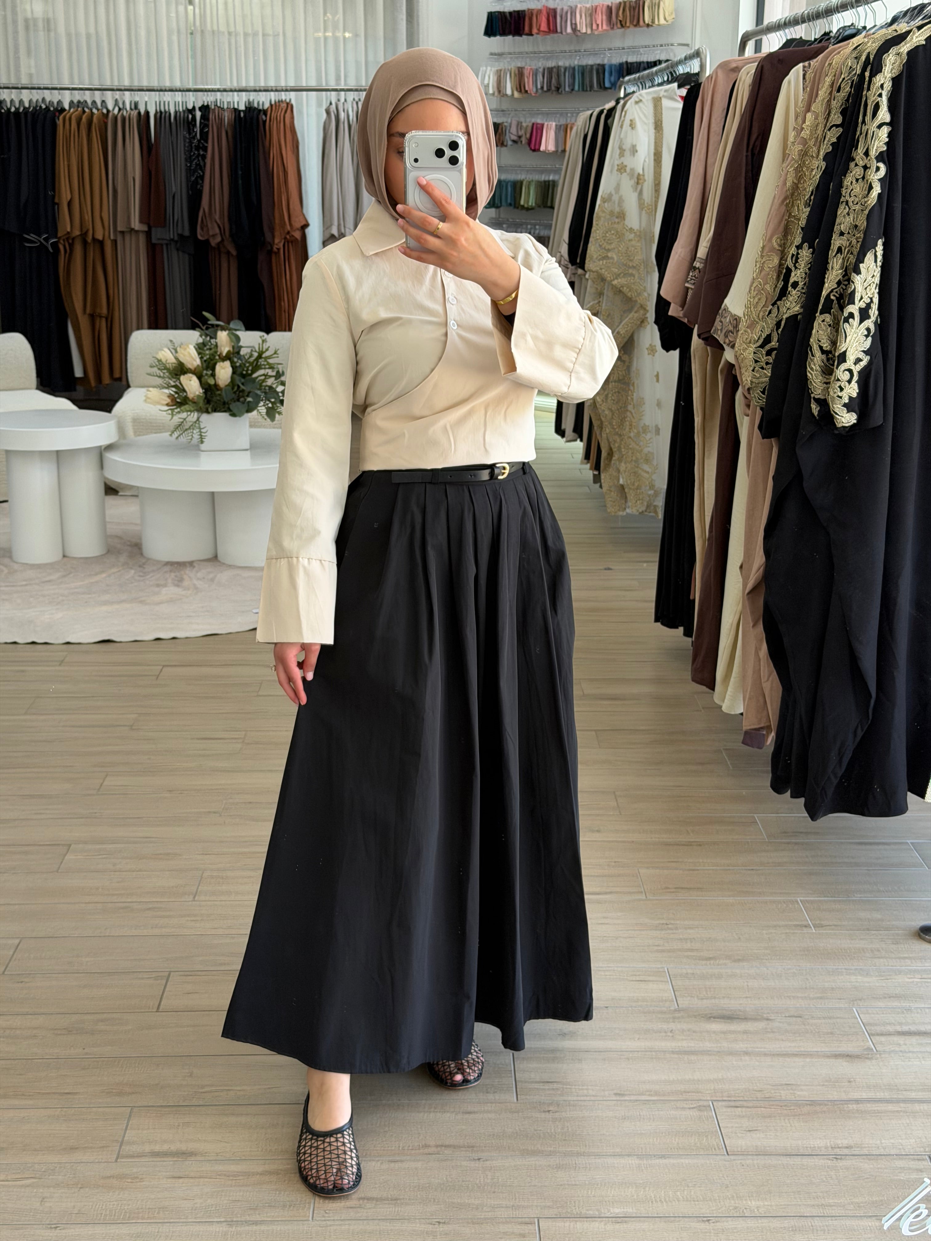 Amara flow skirt styled with a modest top for an effortless everyday look.