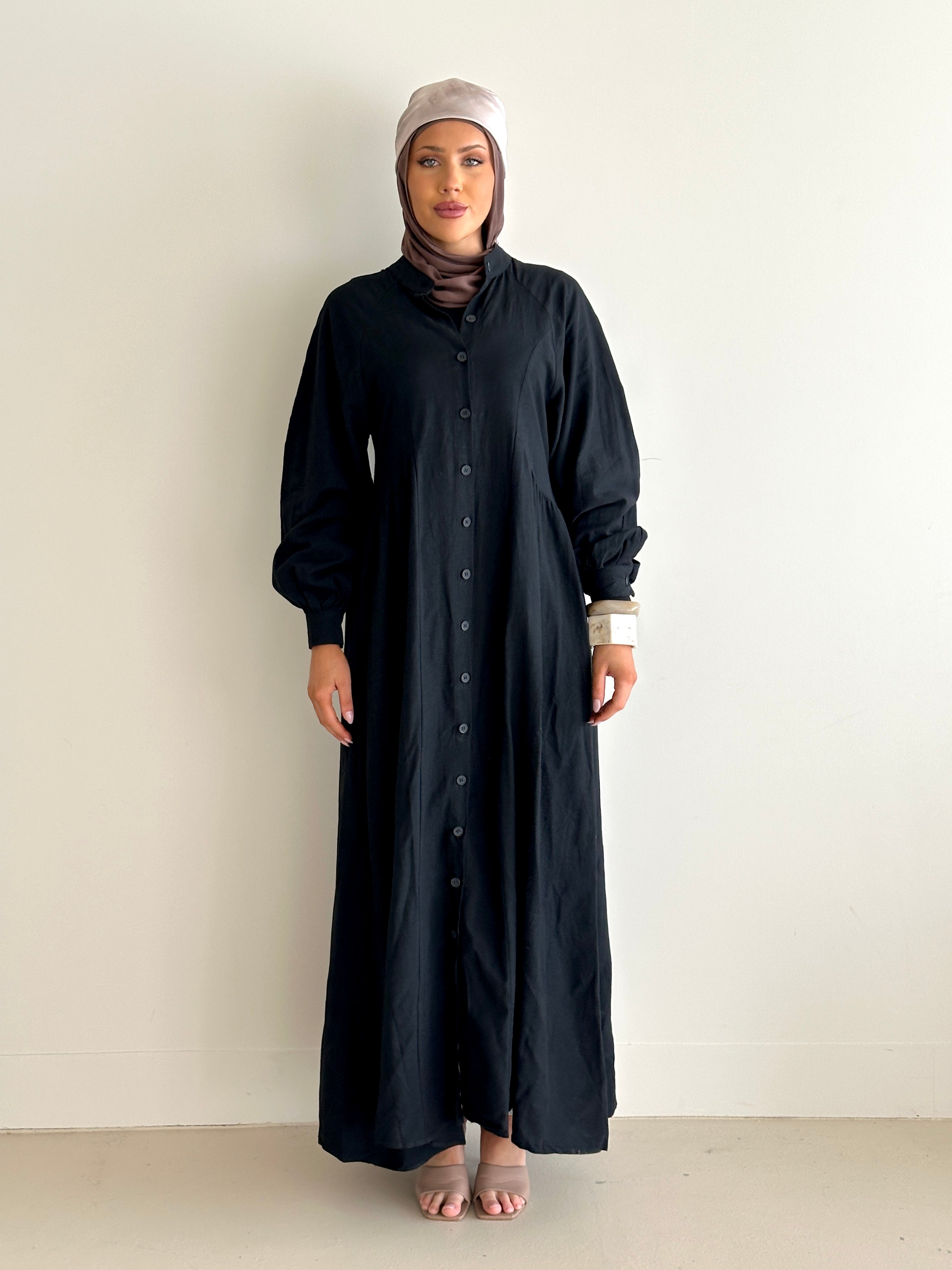 women's maxi full length dress with centre front buttons and long sleeve, spring/summer