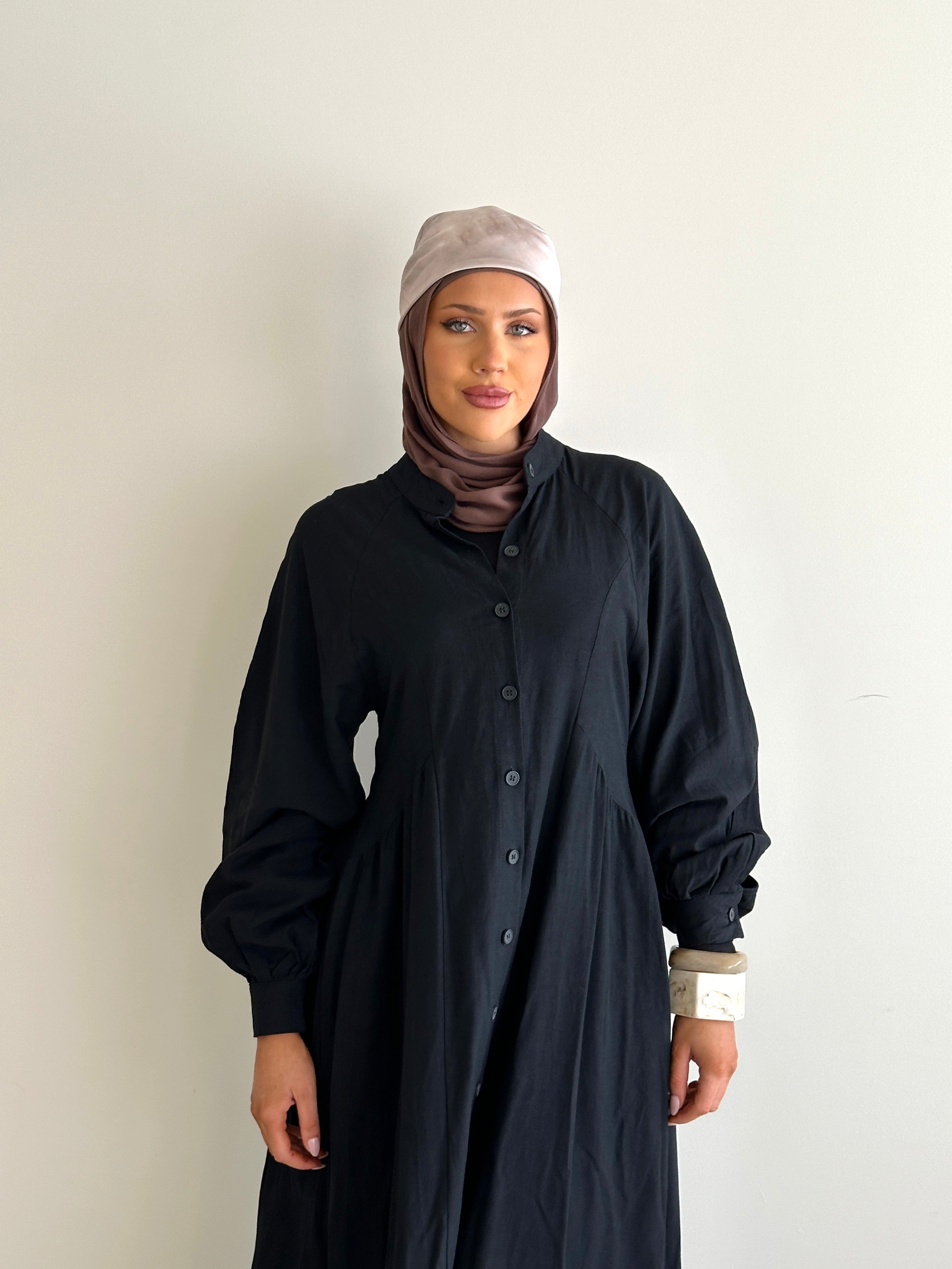 women's maxi full length dress with centre front buttons and long sleeve, spring/summer