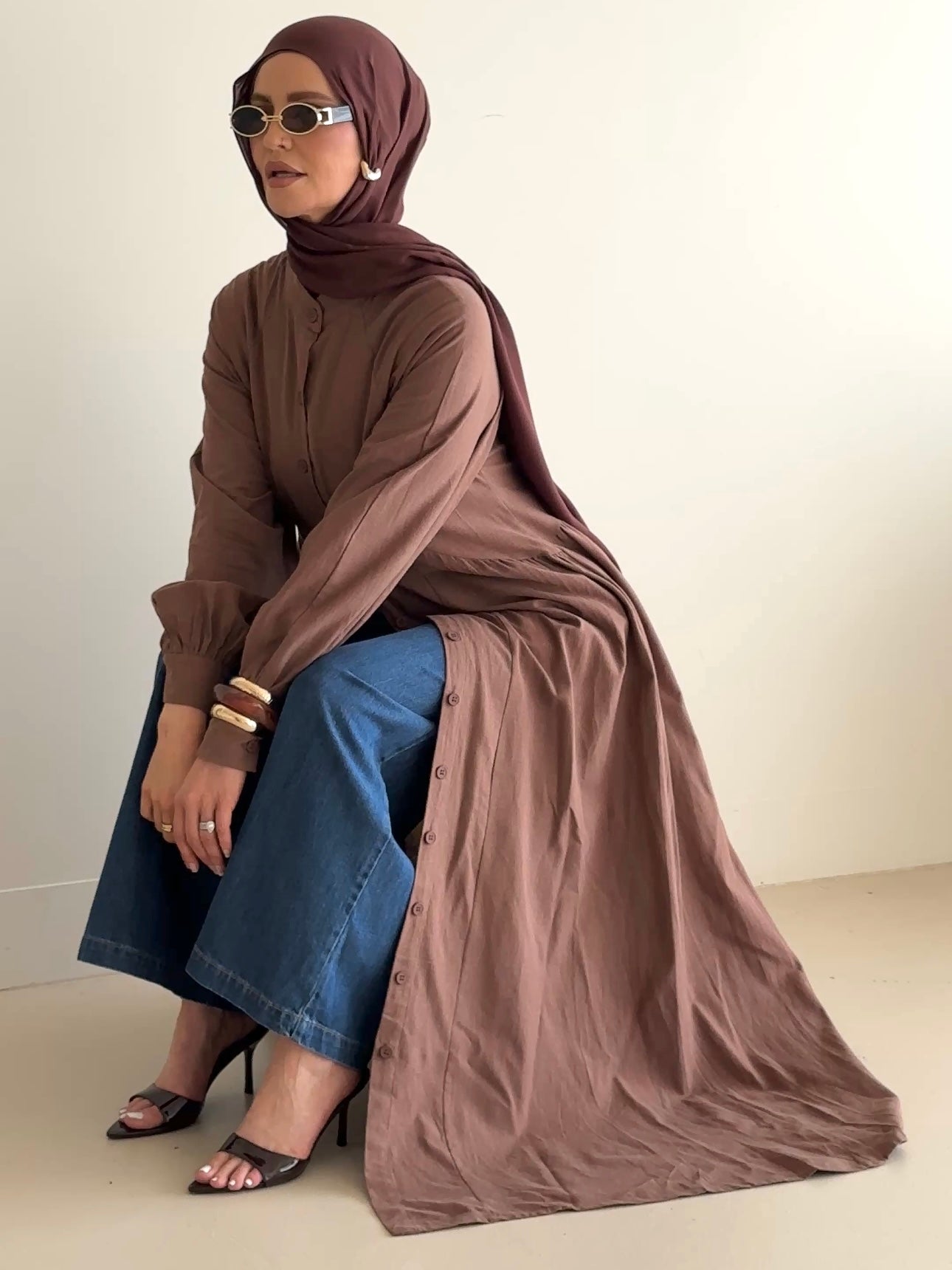 women's maxi full length dress with centre front buttons and long sleeve, spring/summer