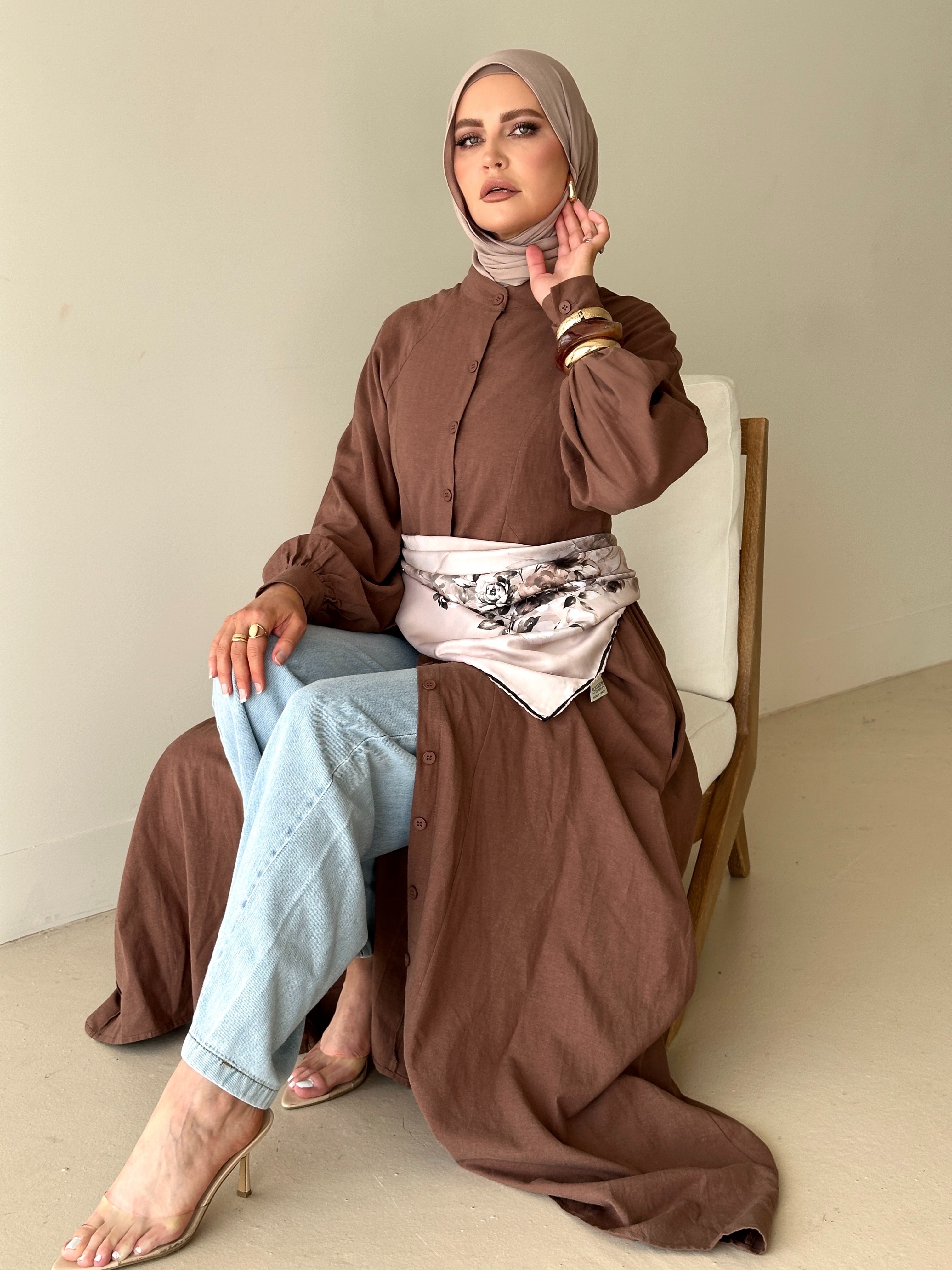 women's maxi full length dress with centre front buttons and long sleeve, spring/summer