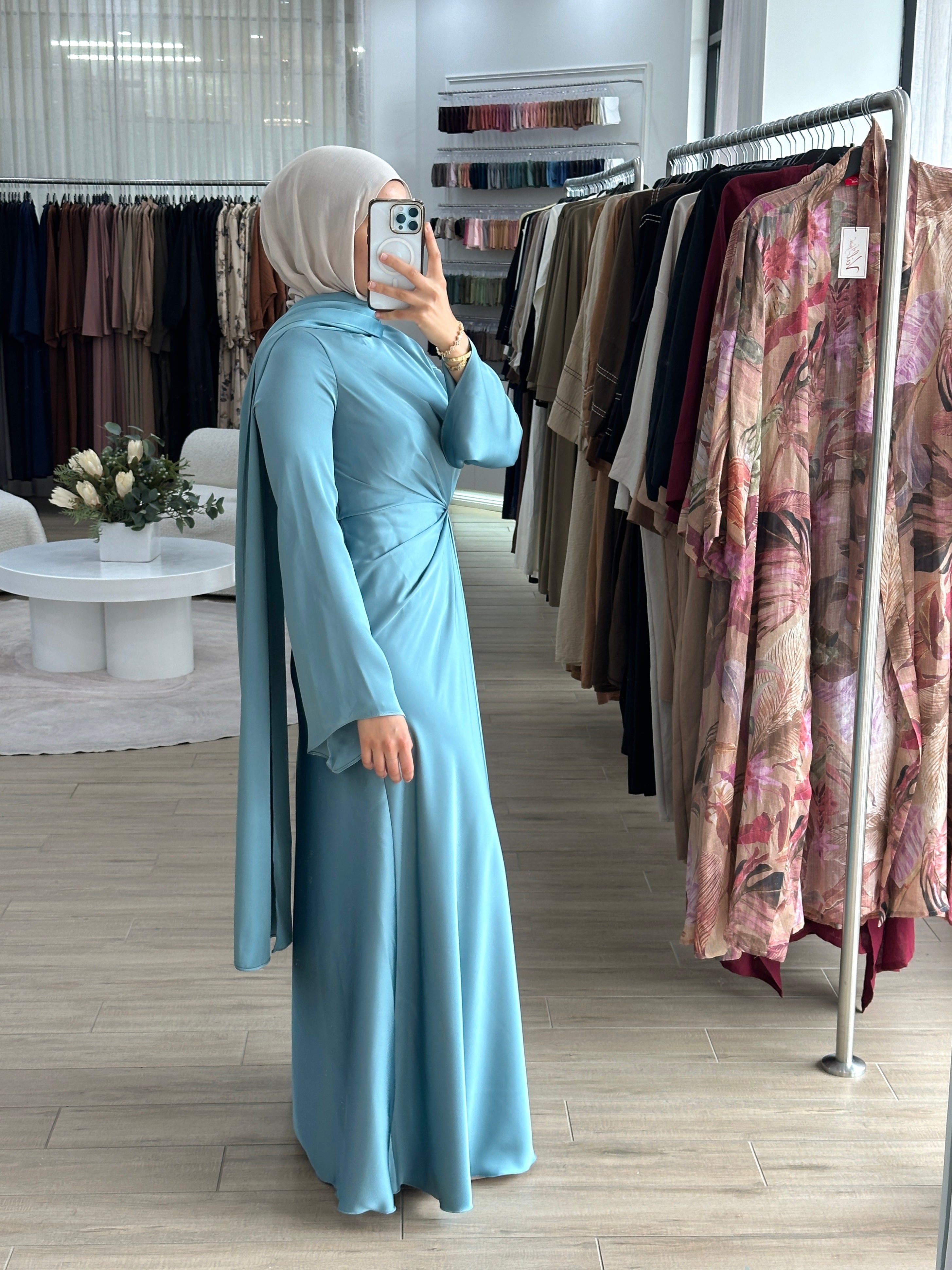 women's formal dress in satin with long sleeves and full length, maxi for modest fashion and hijabis. suitable for formals, engagement, weddings, parties and any occasion.