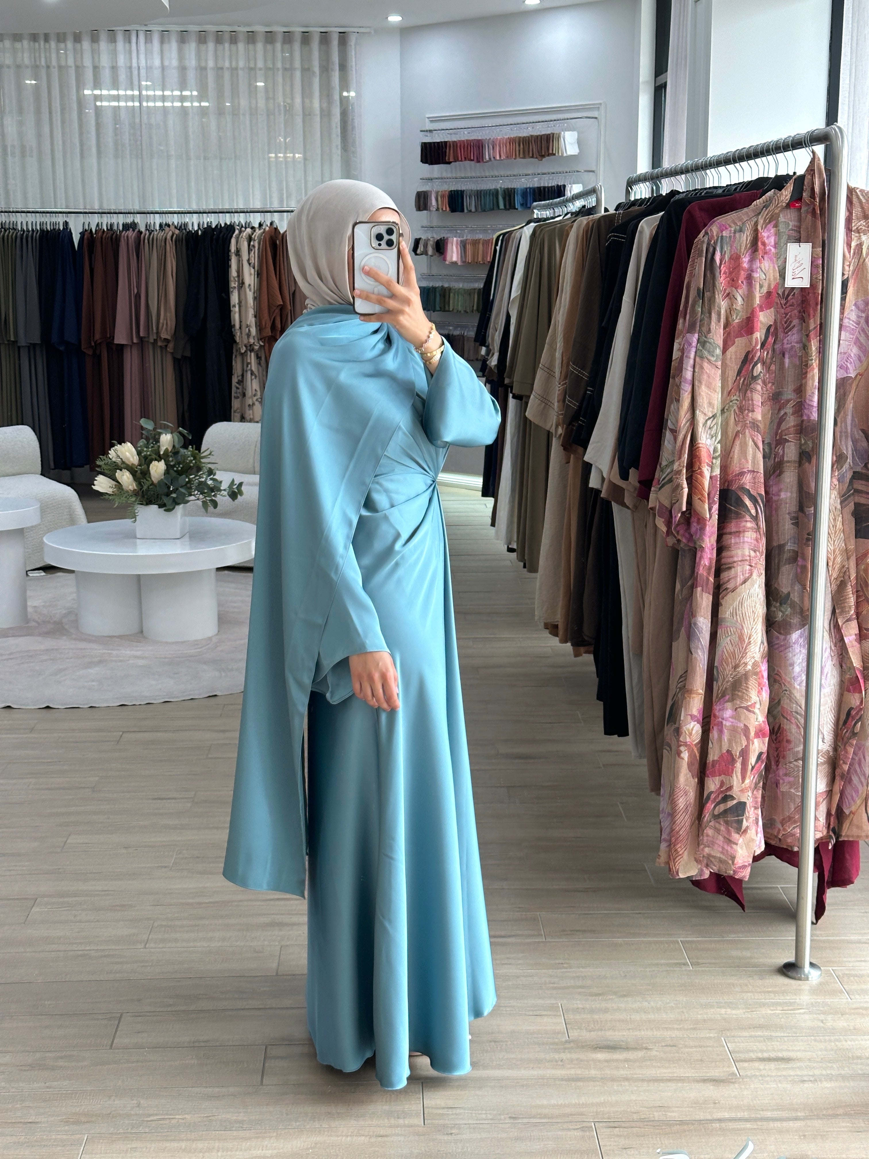 women's formal dress in satin with long sleeves and full length, maxi for modest fashion and hijabis. suitable for formals, engagement, weddings, parties and any occasion.