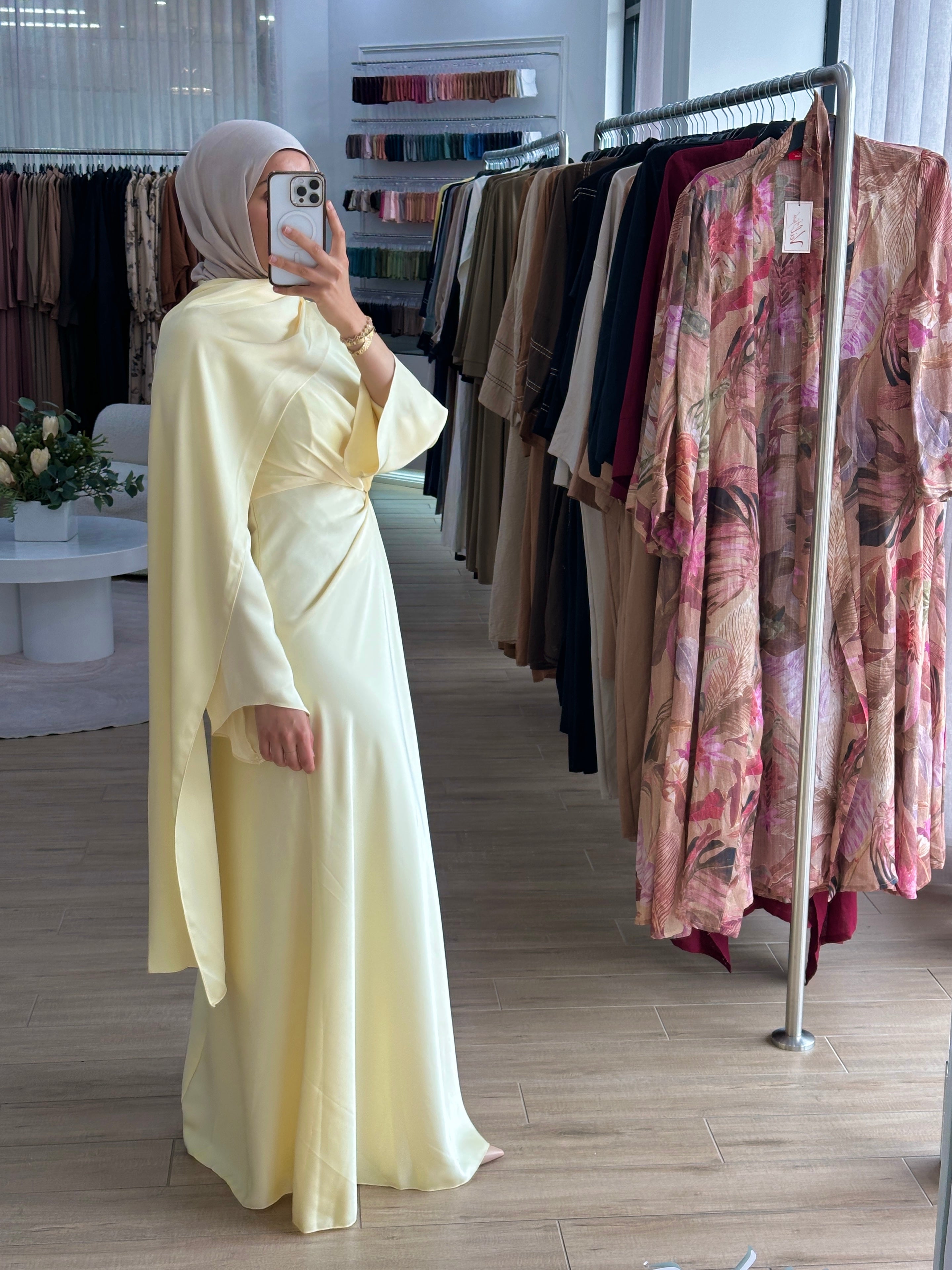 women's yellow formal dress in satin with long sleeves and full length, maxi for modest fashion and hijabis. suitable for formals, engagement, weddings, parties and any occasion.