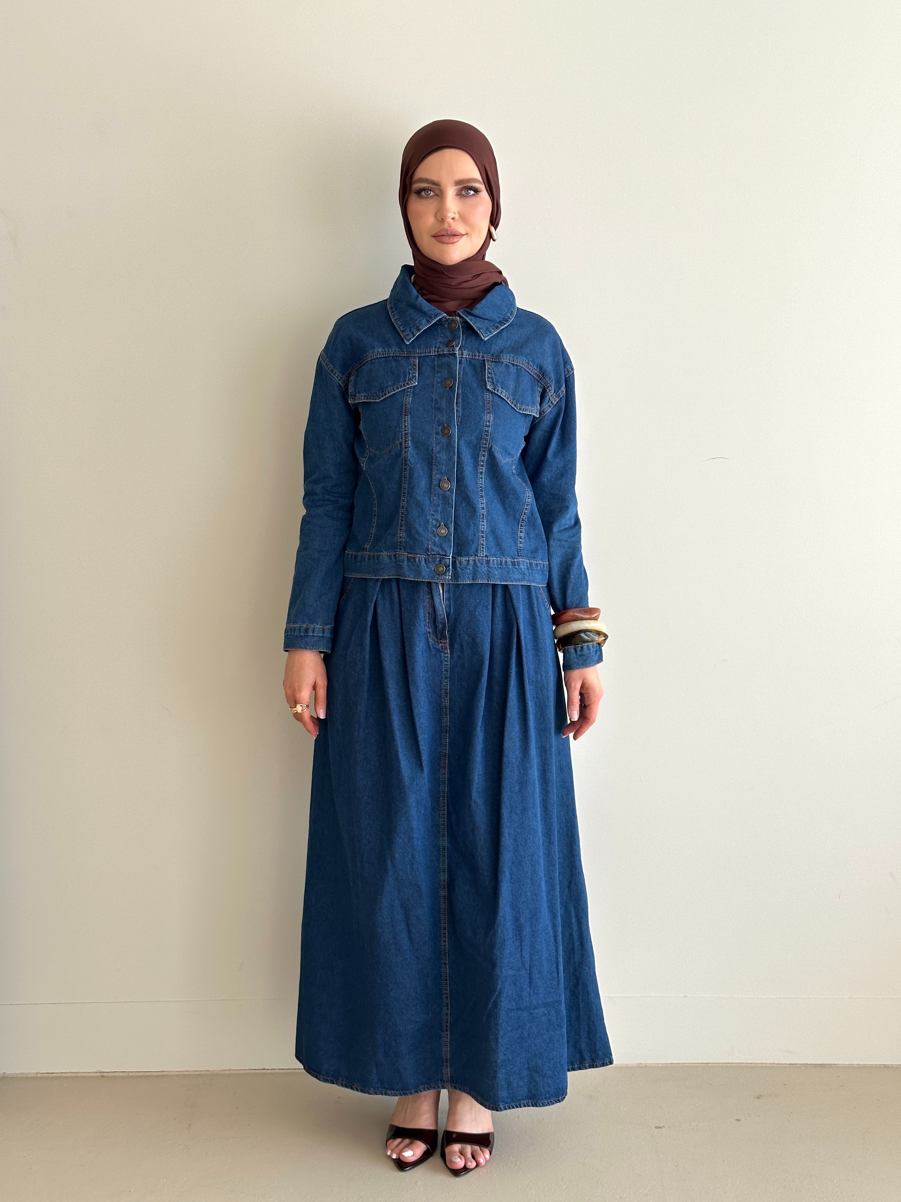 women wearing matching cargo denim jacket and skirt co-ord set for spring/summer modest fashion