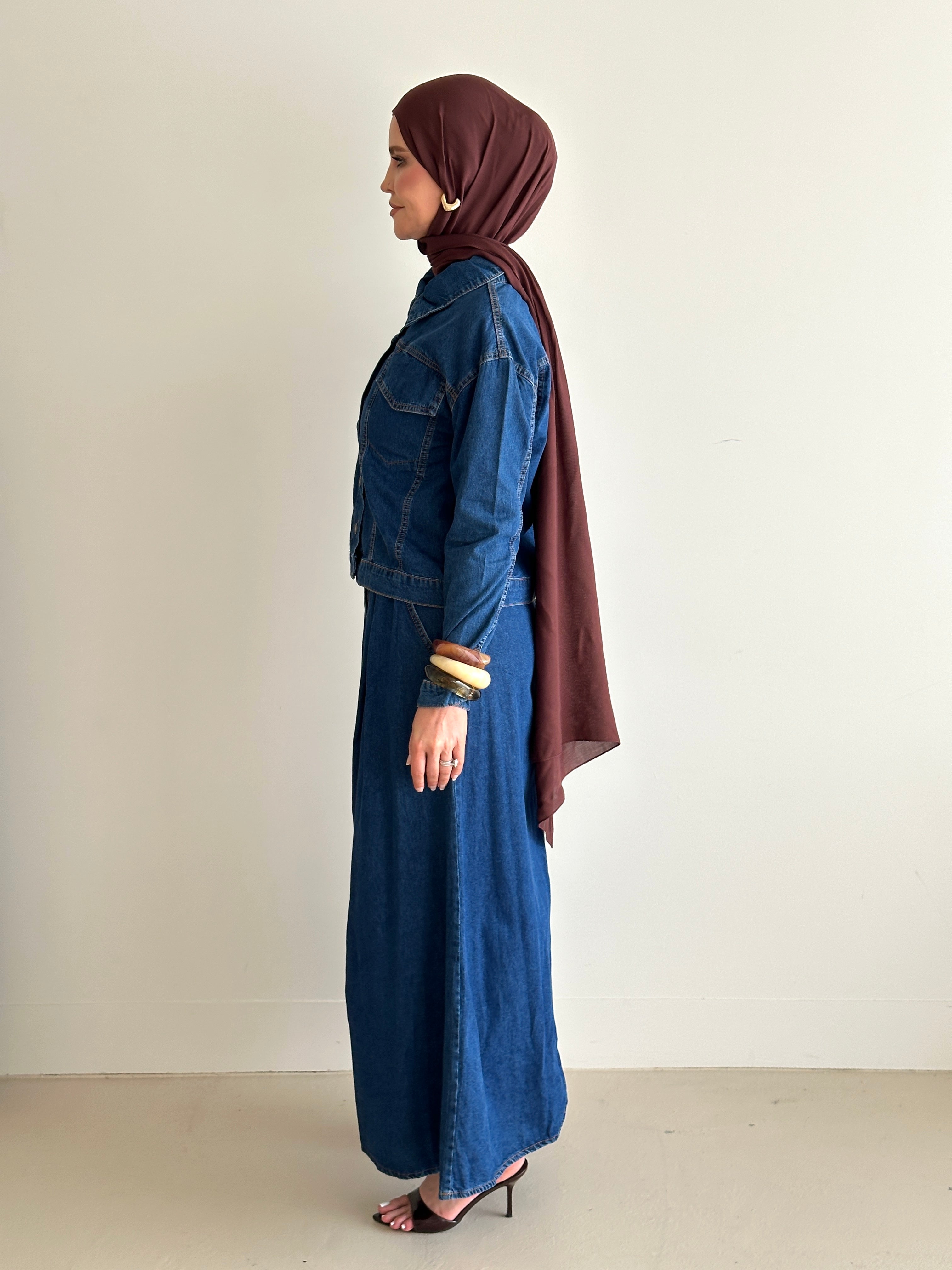 women wearing matching cargo denim jacket and skirt co-ord set for spring/summer modest fashion