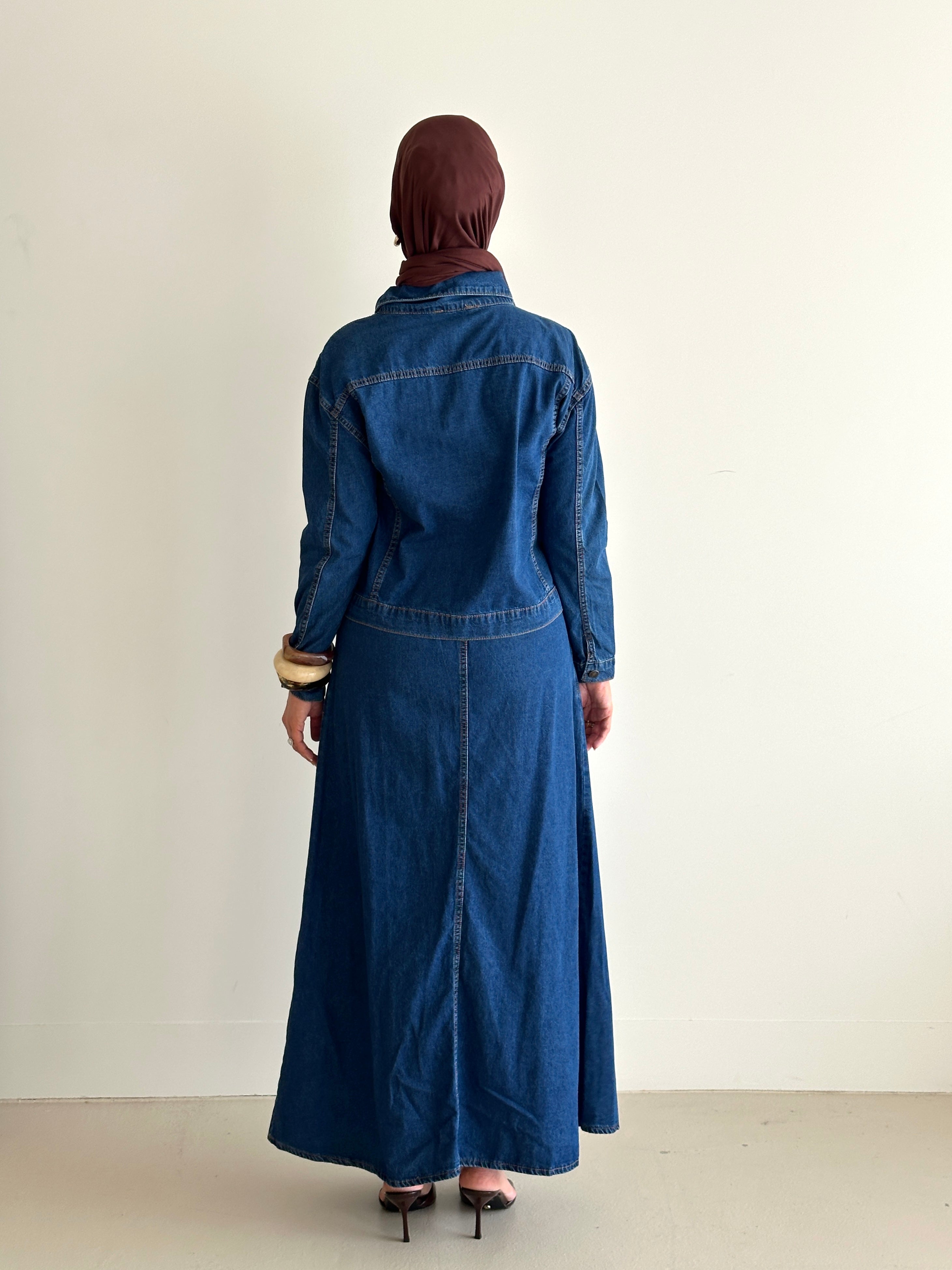 women wearing matching cargo denim jacket and skirt co-ord set for spring/summer modest fashion