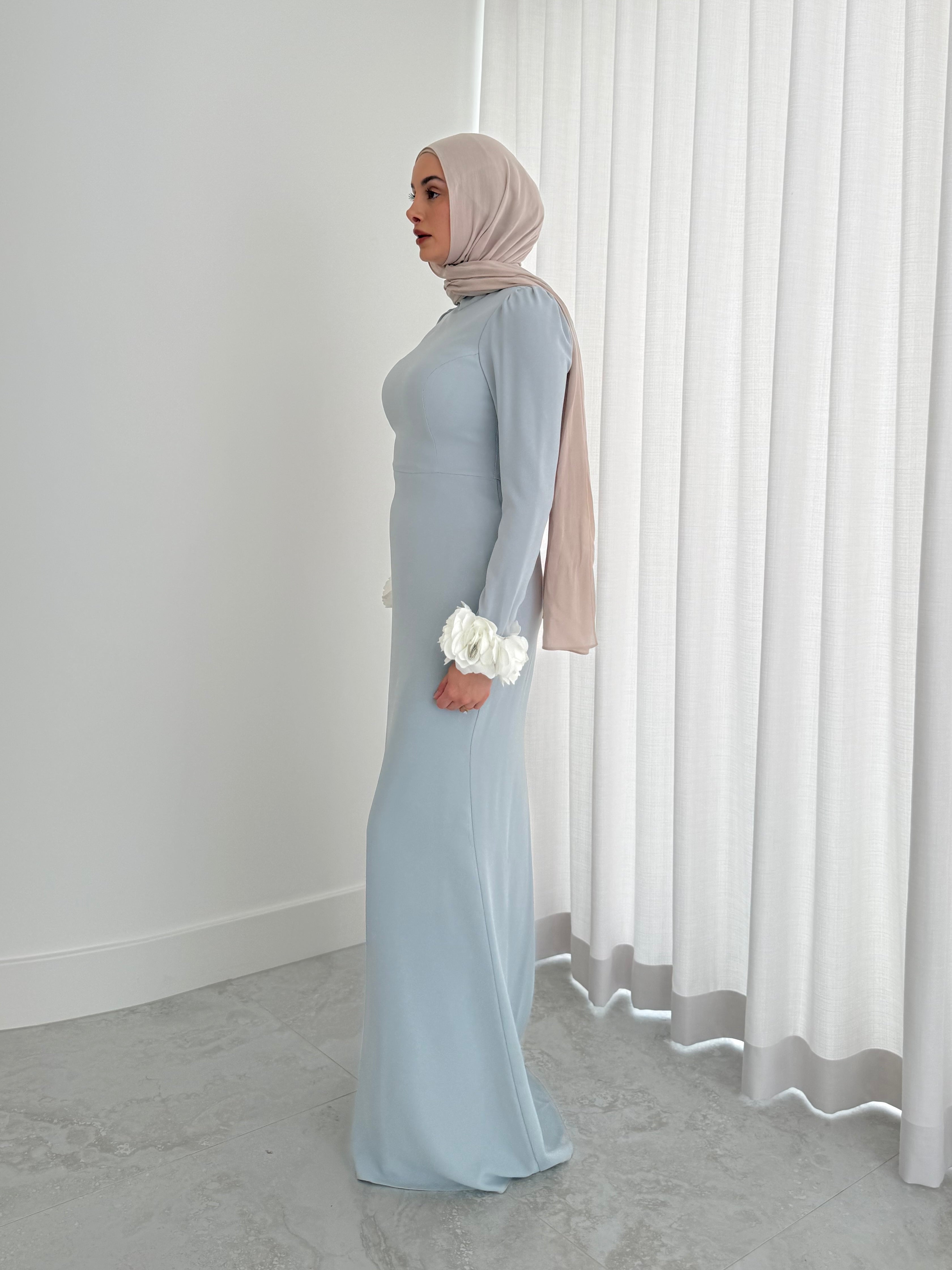 women's formal dress in full length maxi with minimalistic design. simple formal dress suitable for hijab.chanel inspired dress. suitable for wedding guest, nikkah, engagement, prom etc.