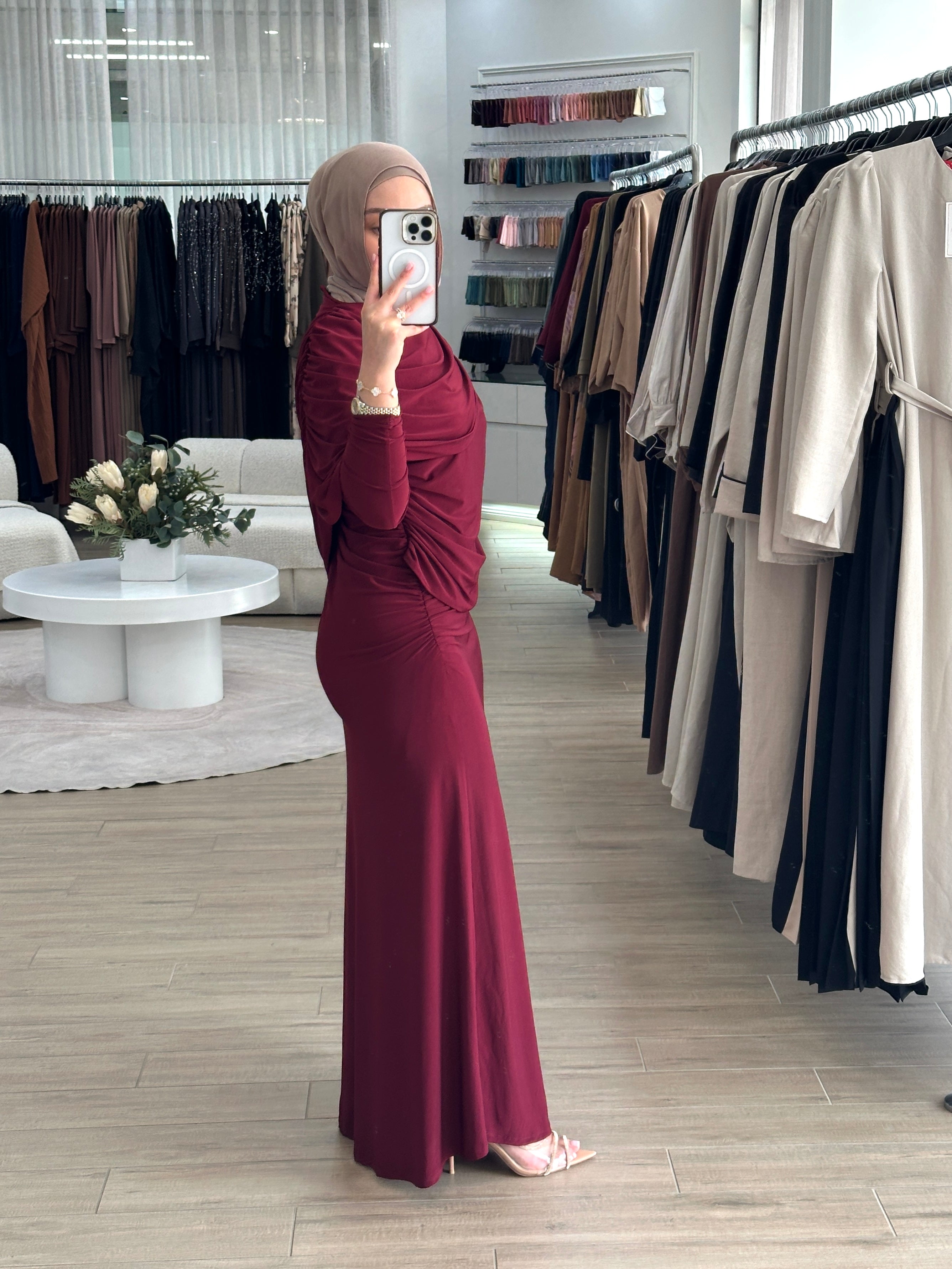 women's full length maxi formal dress in deep red, maroon, jersey fabrication with drape and ruching for parties, occasions, events, engagements, weddings. modest and lightweight with long sleeves.