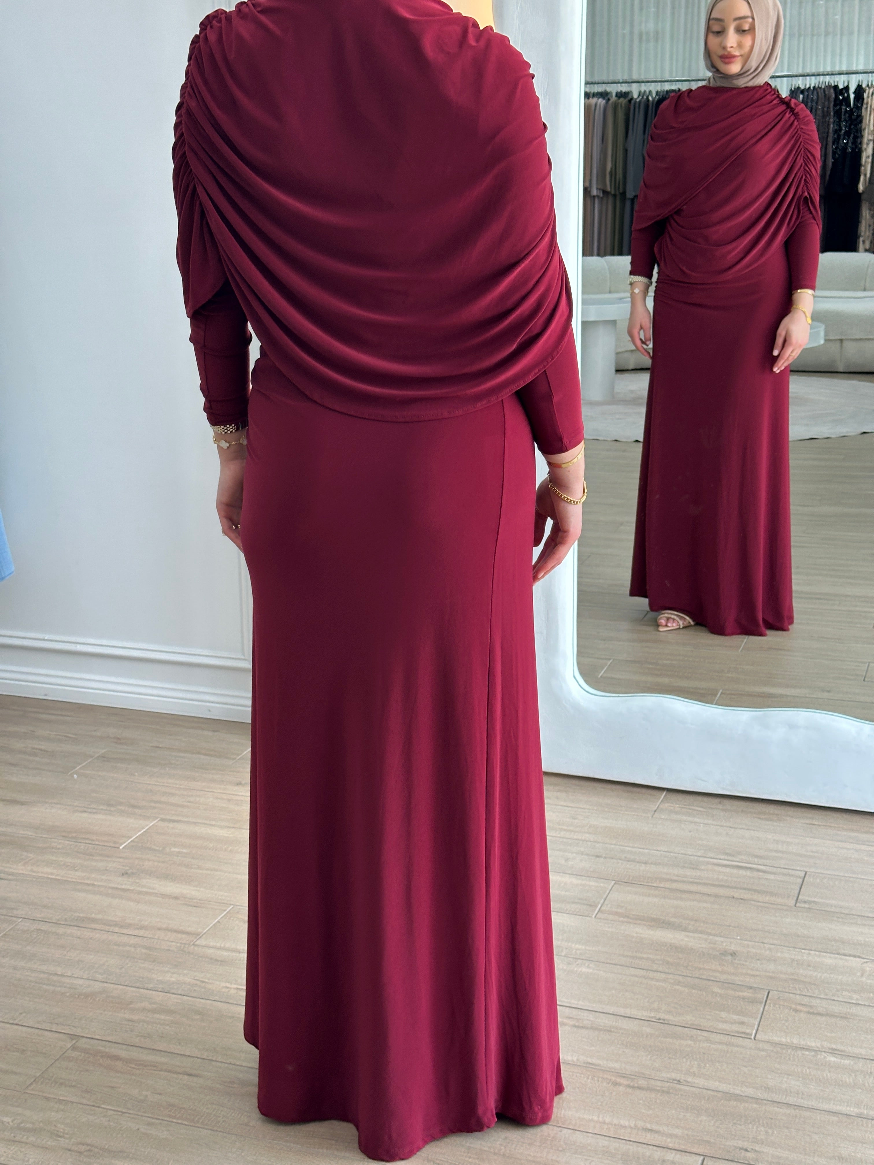 women's full length maxi formal dress in deep red, maroon, jersey fabrication with drape and ruching for parties, occasions, events, engagements, weddings. modest and lightweight with long sleeves.