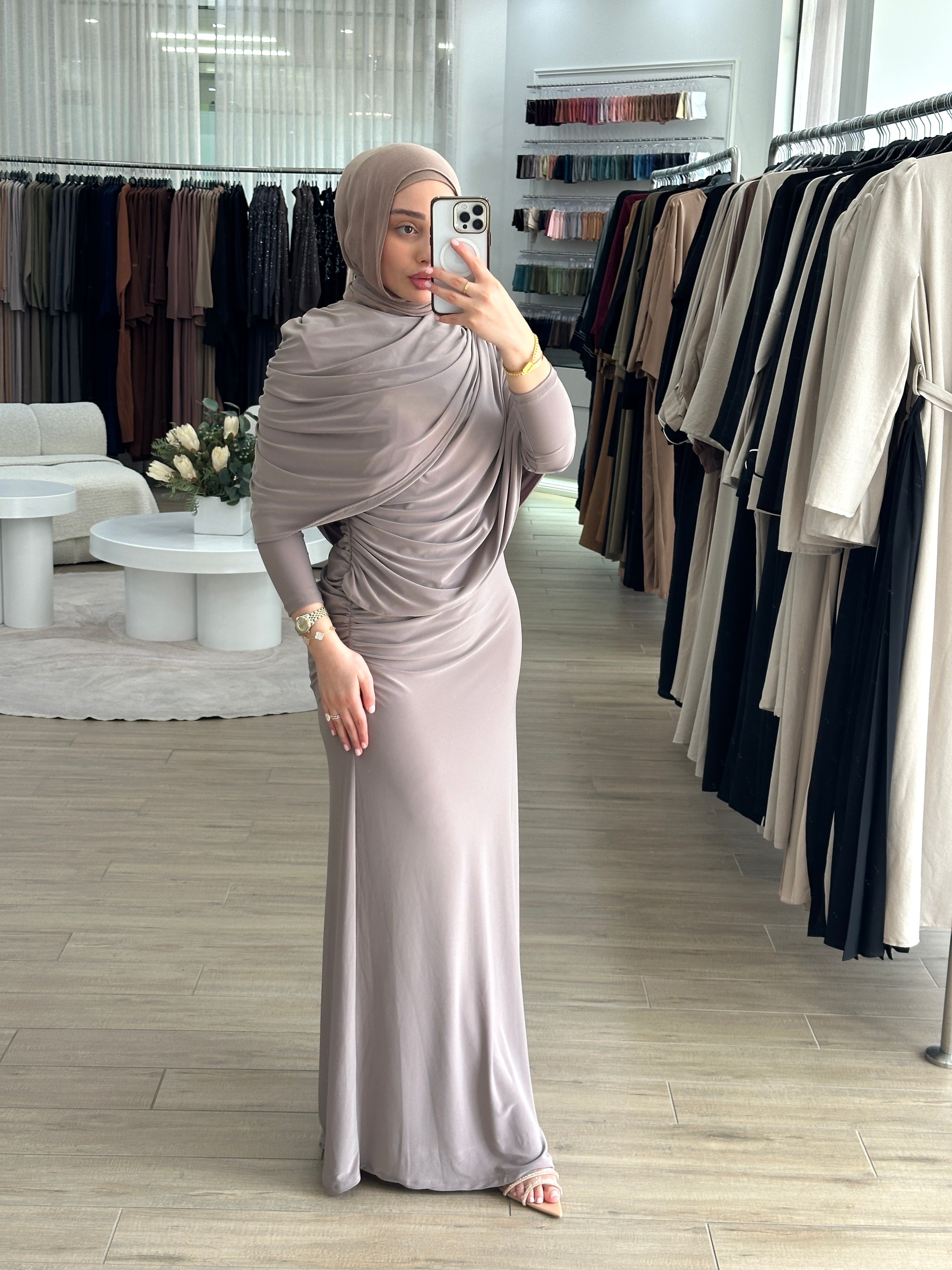 women's full length maxi formal dress in jersey with drape and ruching for parties, occasions, events, engagements, weddings. modest and lightweight with long sleeves.