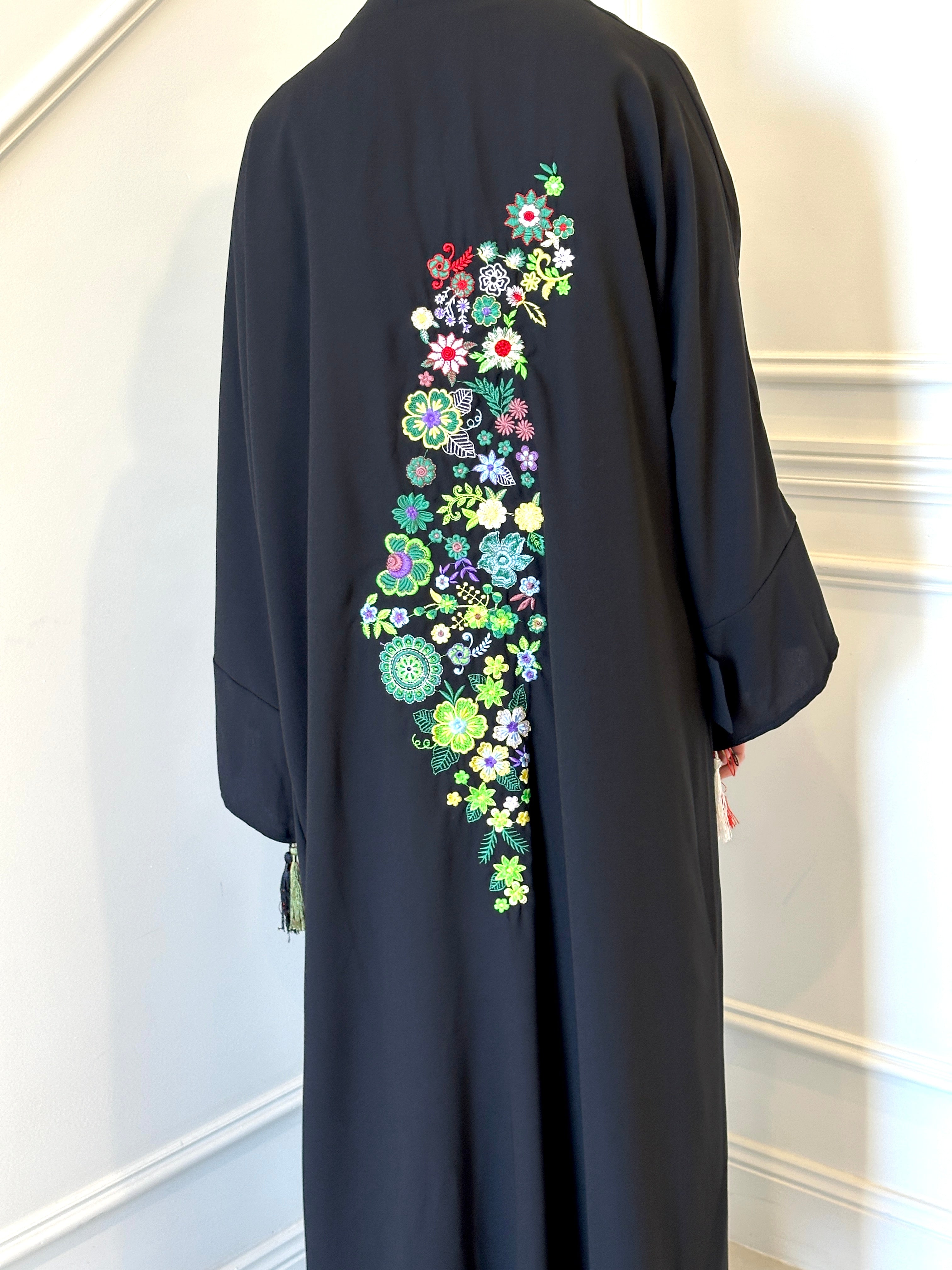 Veil of Faith Garden of Eve Abaya — elegant black modest open abaya with delicate embroidered floral design