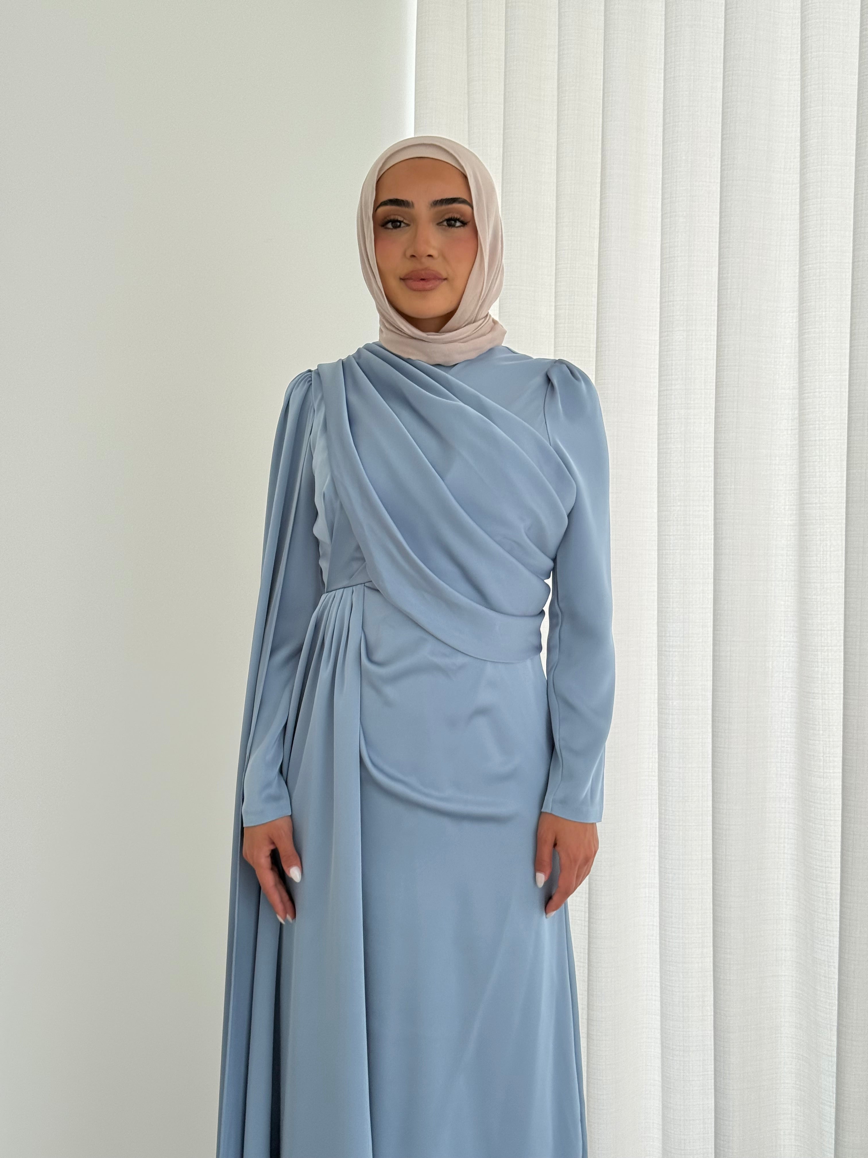 women's full length formal dress in satin, maxi with long sleeves. soft satin drape in lightweight fabrication for spring summer day or night event. hijabi friendly, modest and full coverage for prom, formals, engagements, kk, nikkah, fatiha, wedding guest.