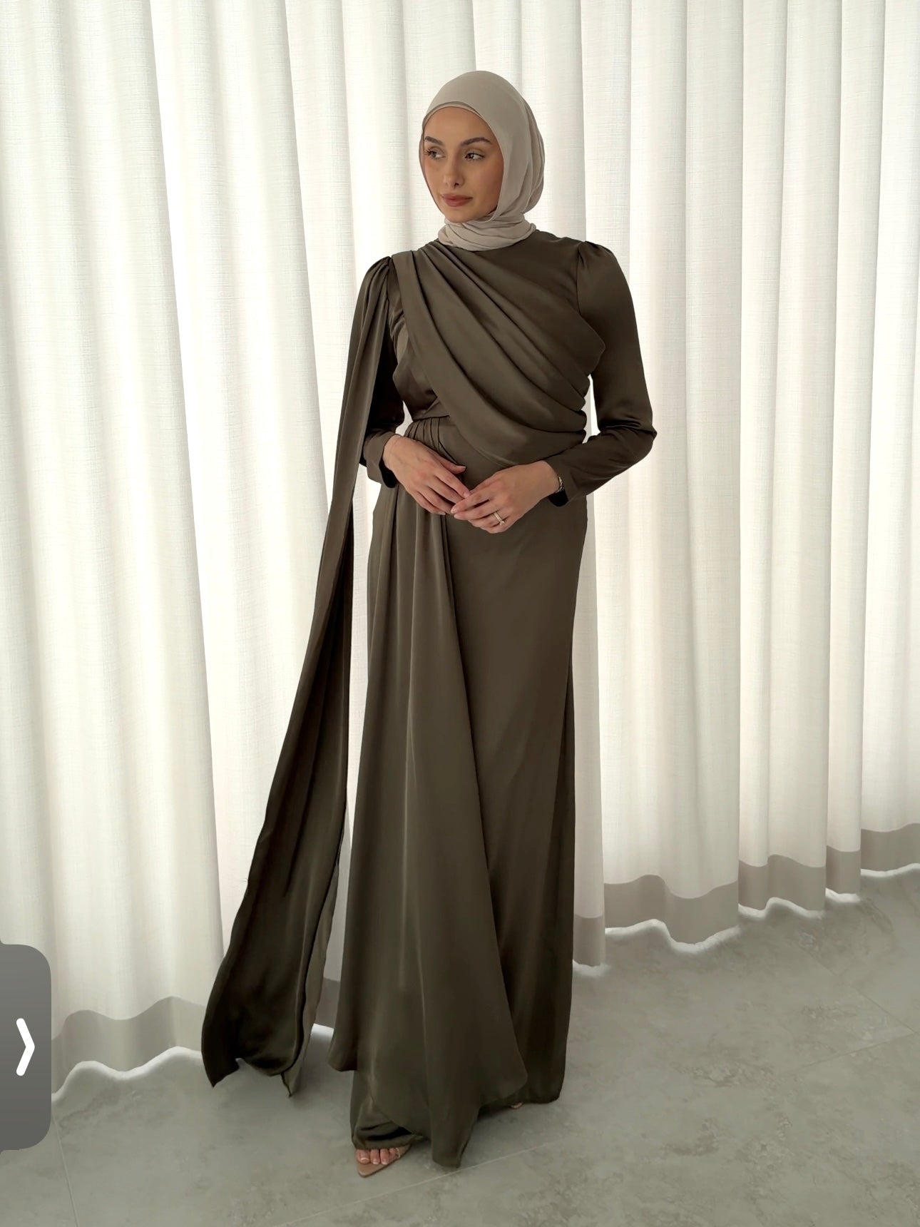 women's full length formal dress in satin, maxi with long sleeves. soft satin drape in lightweight fabrication for spring summer day or night event. hijabi friendly, modest and full coverage for prom, formals, engagements, kk, nikkah, fatiha, wedding guest.