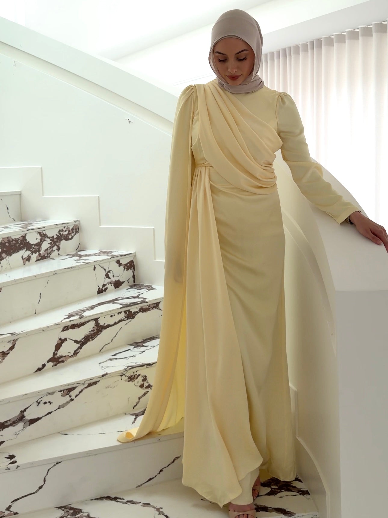 women's full length formal dress in satin, maxi with long sleeves. soft satin drape in lightweight fabrication for spring summer day or night event. hijabi friendly, modest and full coverage for prom, formals, engagements, kk, nikkah, fatiha, wedding guest.