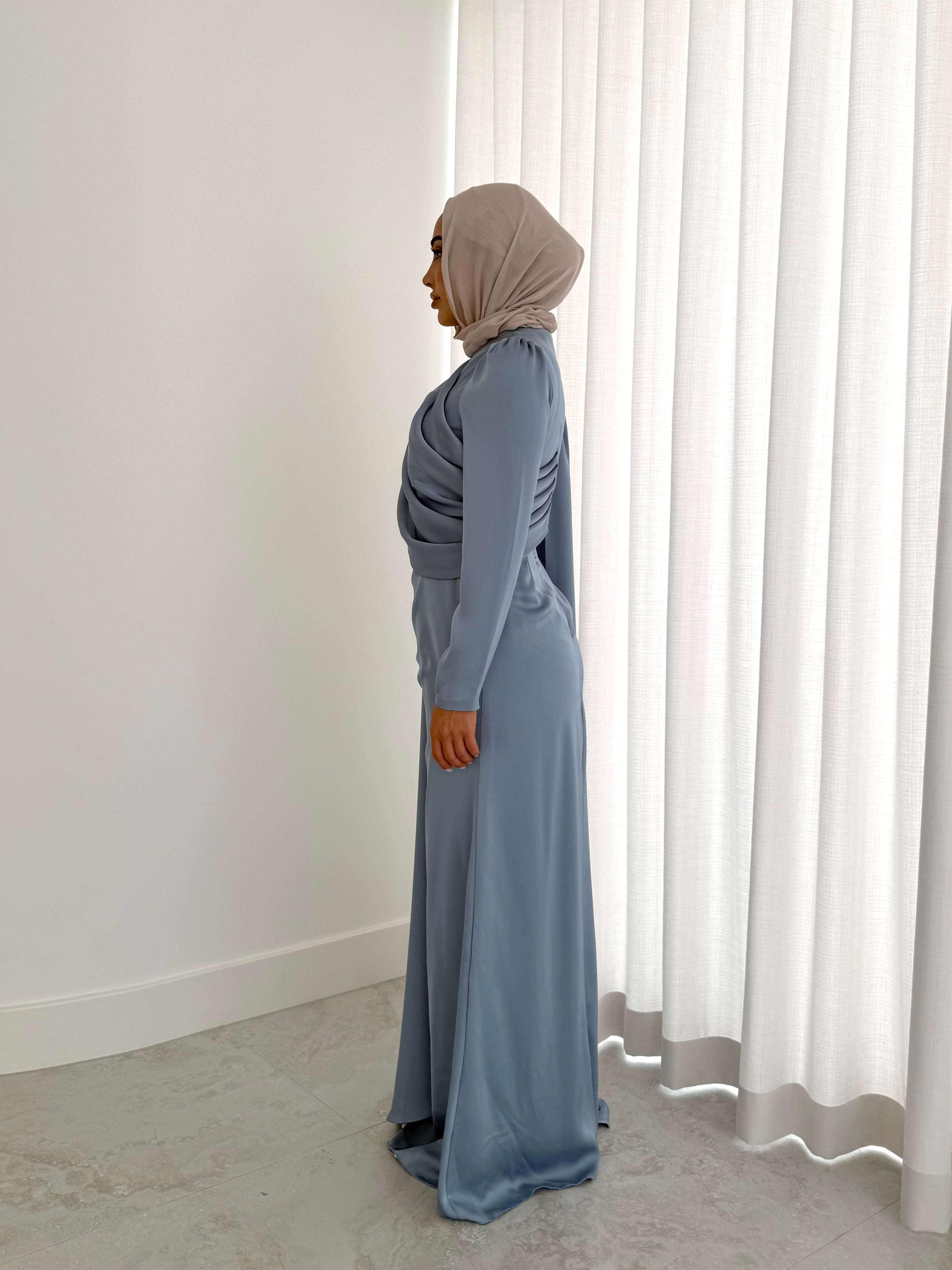 women's full length formal dress in satin, maxi with long sleeves. soft satin drape in lightweight fabrication for spring summer day or night event. hijabi friendly, modest and full coverage for prom, formals, engagements, kk, nikkah, fatiha, wedding guest.