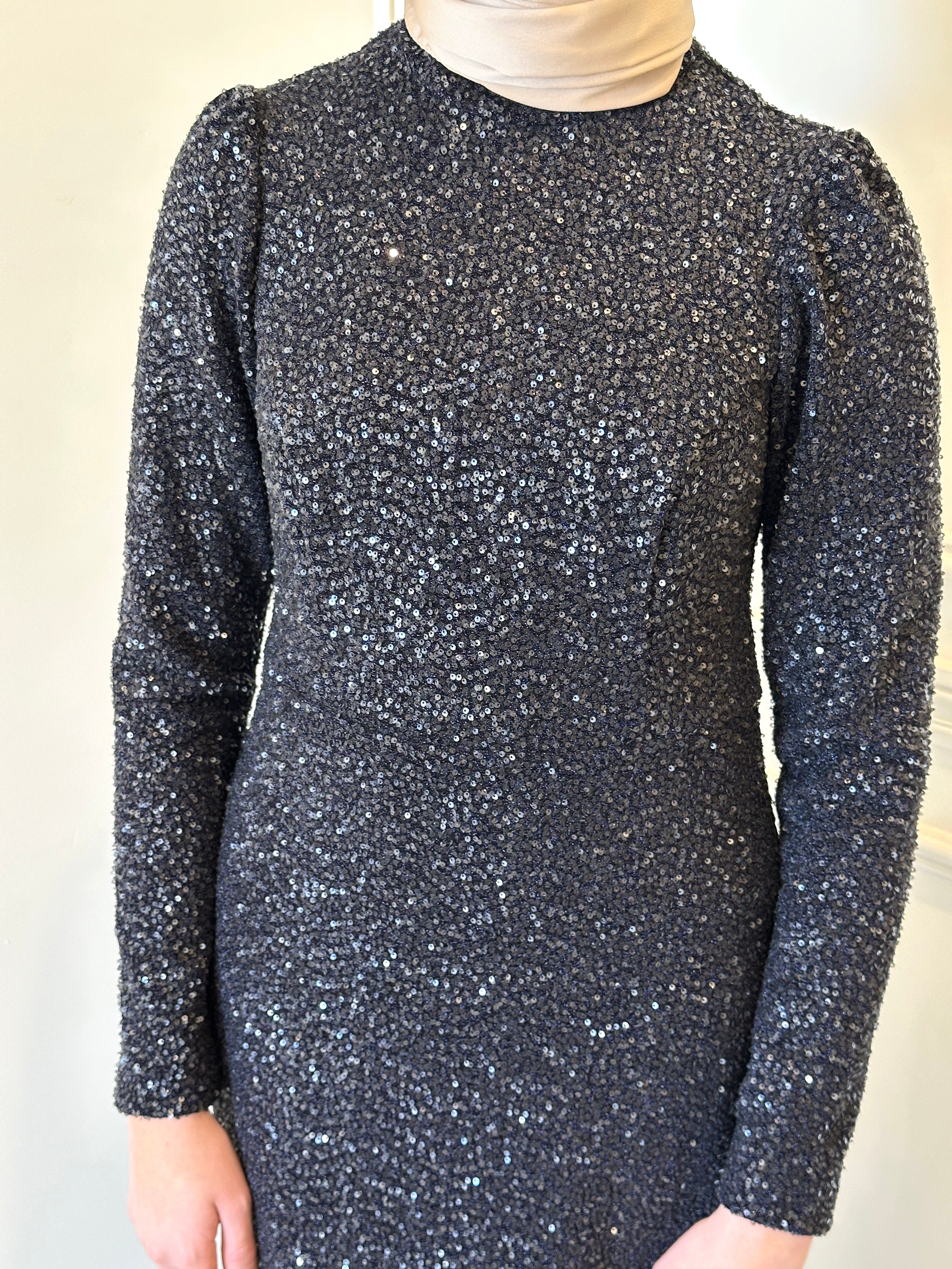 glitz and glamour formal dress- modest formal gown with full sequin detailing