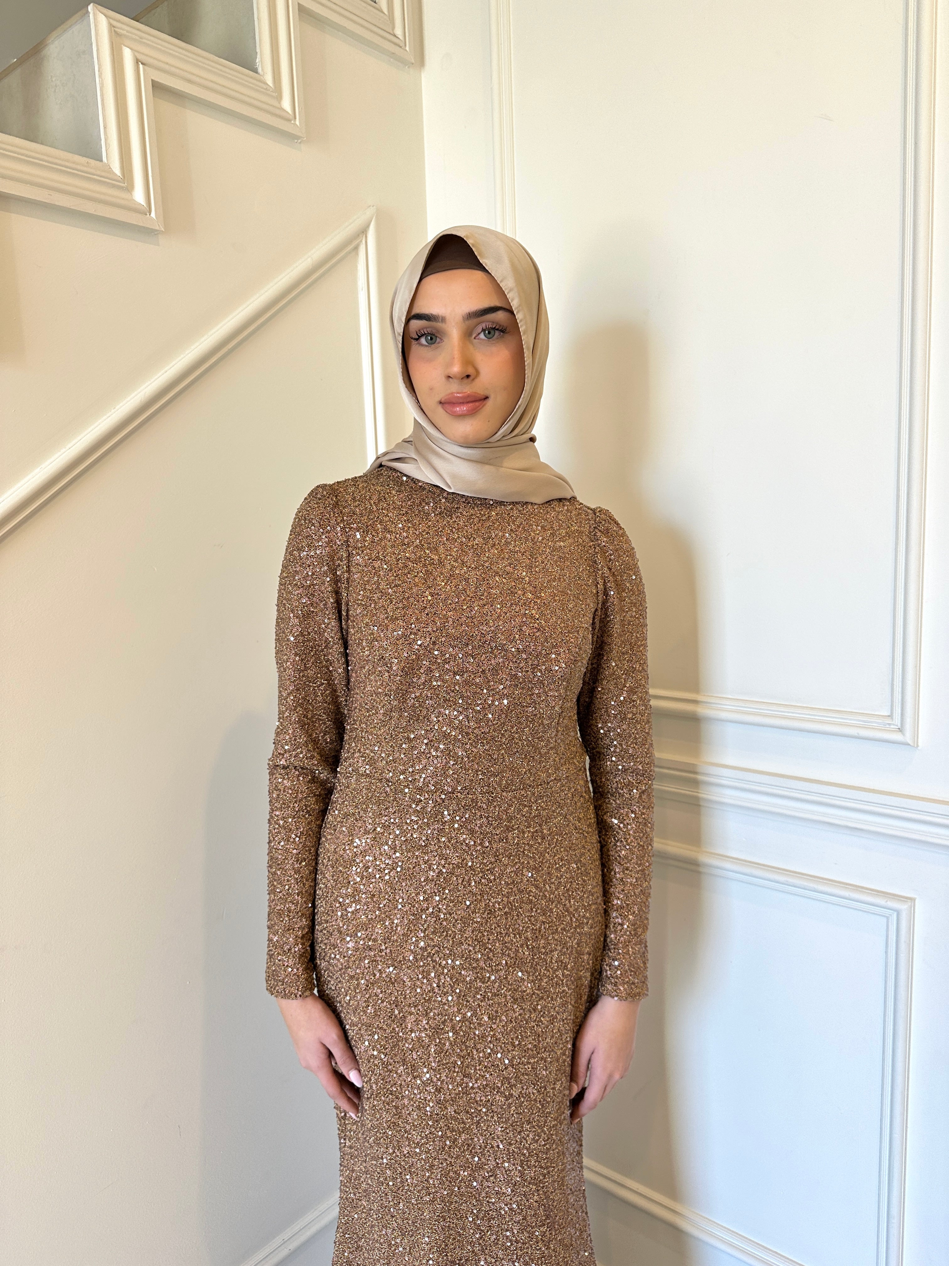 Veil of Faith Glitz & Glamour Formal Dress — bronze modest formal gown with sparkly finish