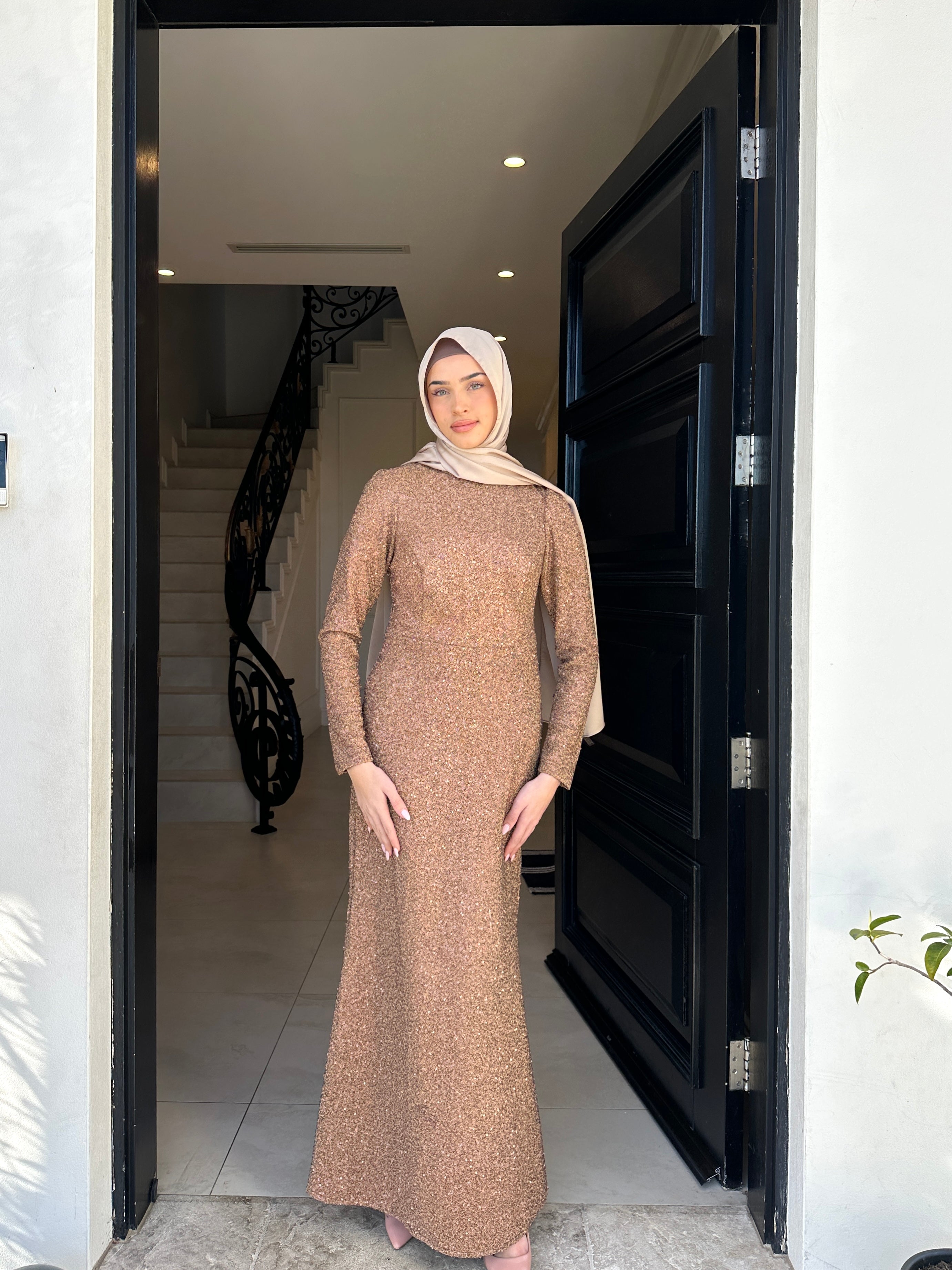 Veil of Faith Glitz & Glamour Formal Dress — bronze modest formal gown with sparkly finish