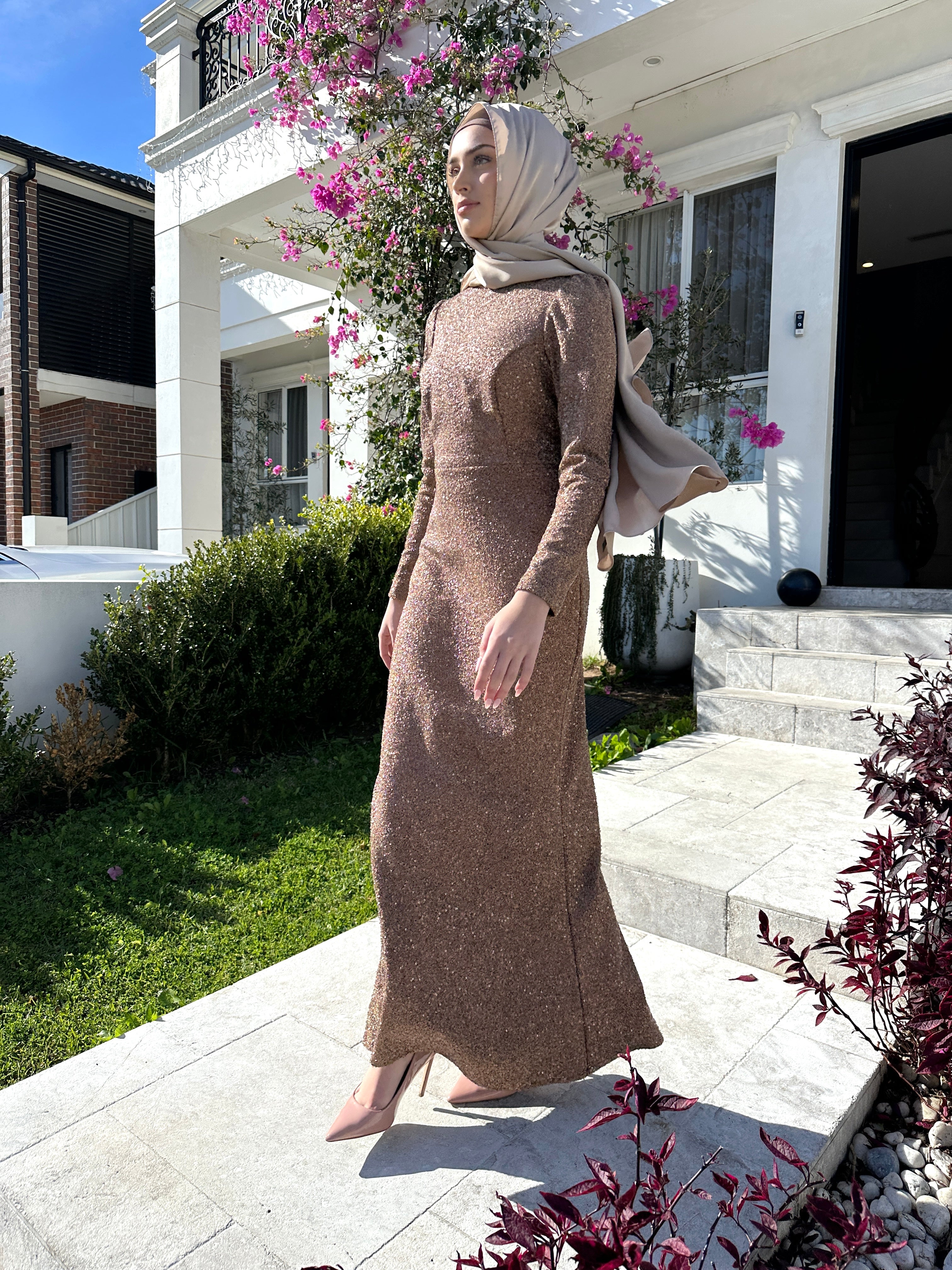 Veil of Faith Glitz & Glamour Formal Dress — bronze modest formal gown with sparkly finish