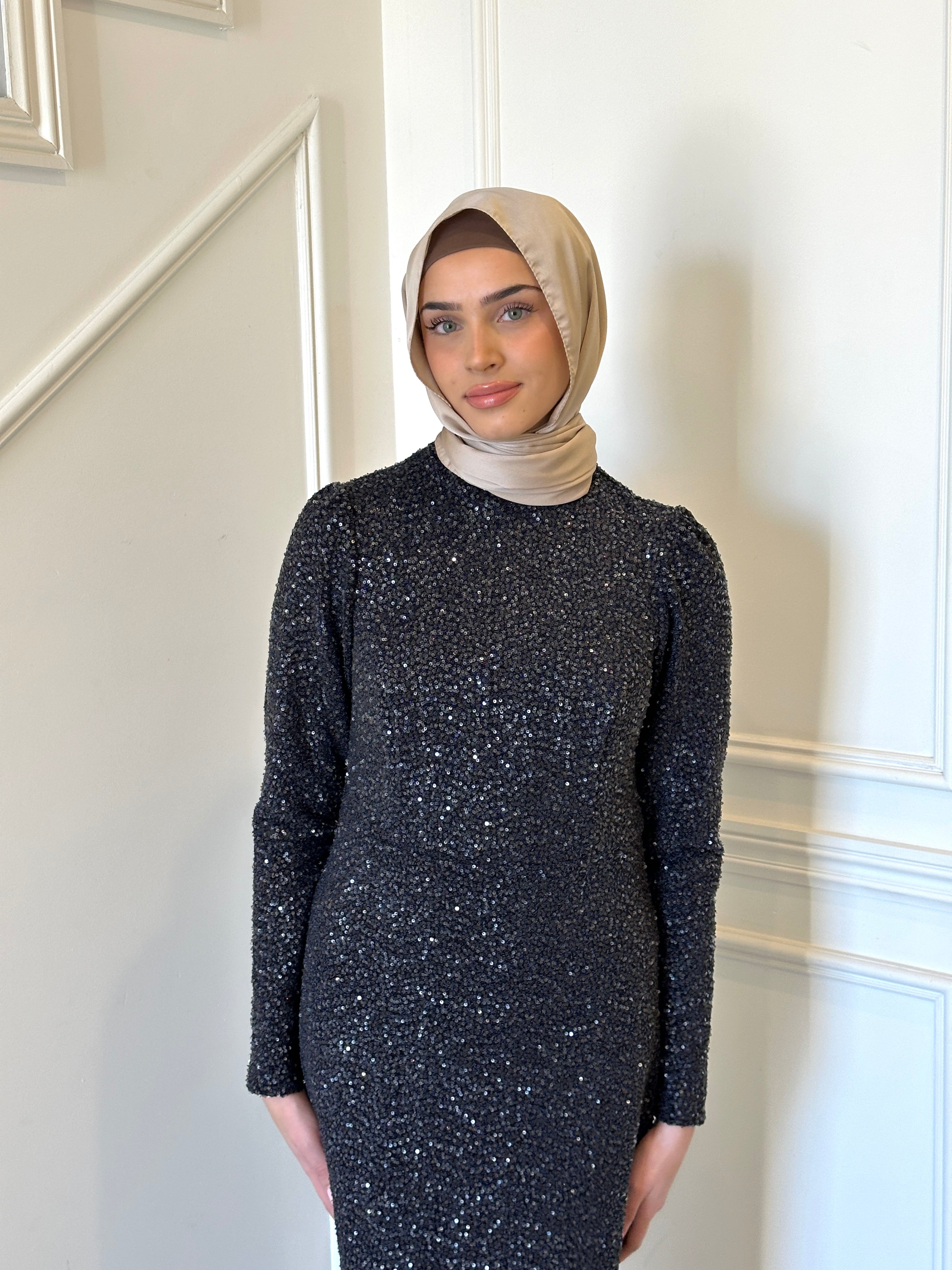 glitz and glamour formal dress- modest formal gown with full sequin detailing