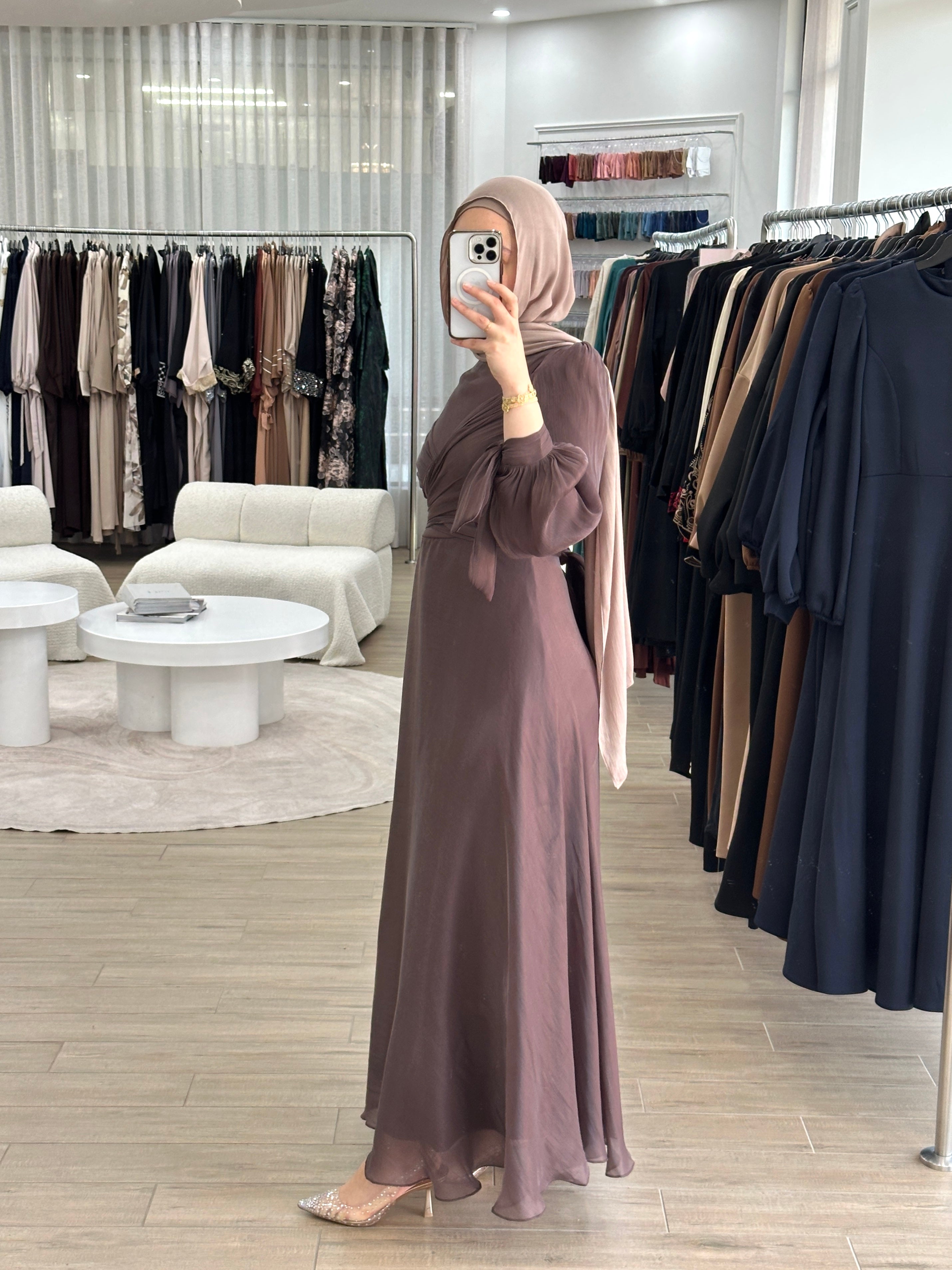 modest formal dress, long sleeve. full length maxi shimmer women's dress in brown