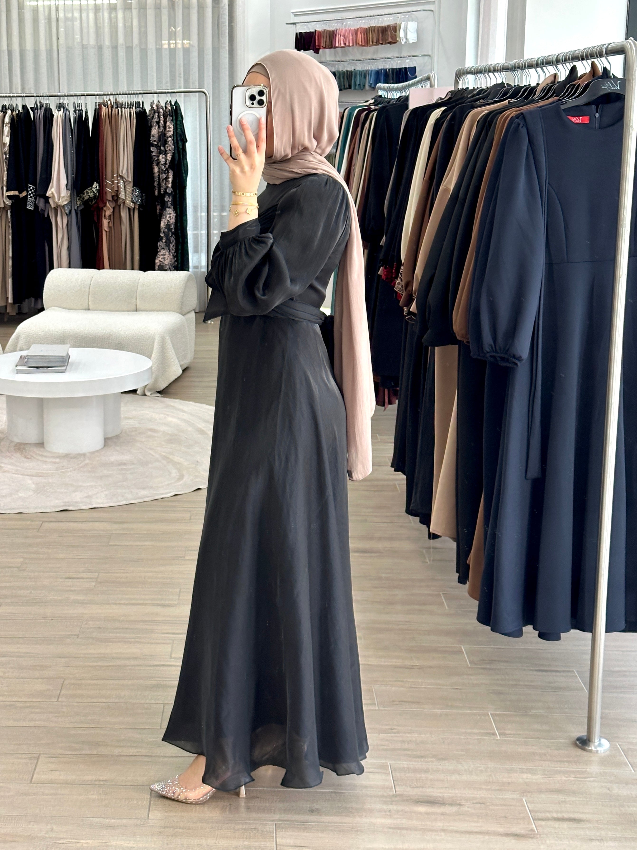 modest formal dress, long sleeve. full length maxi shimmer women's dress in black