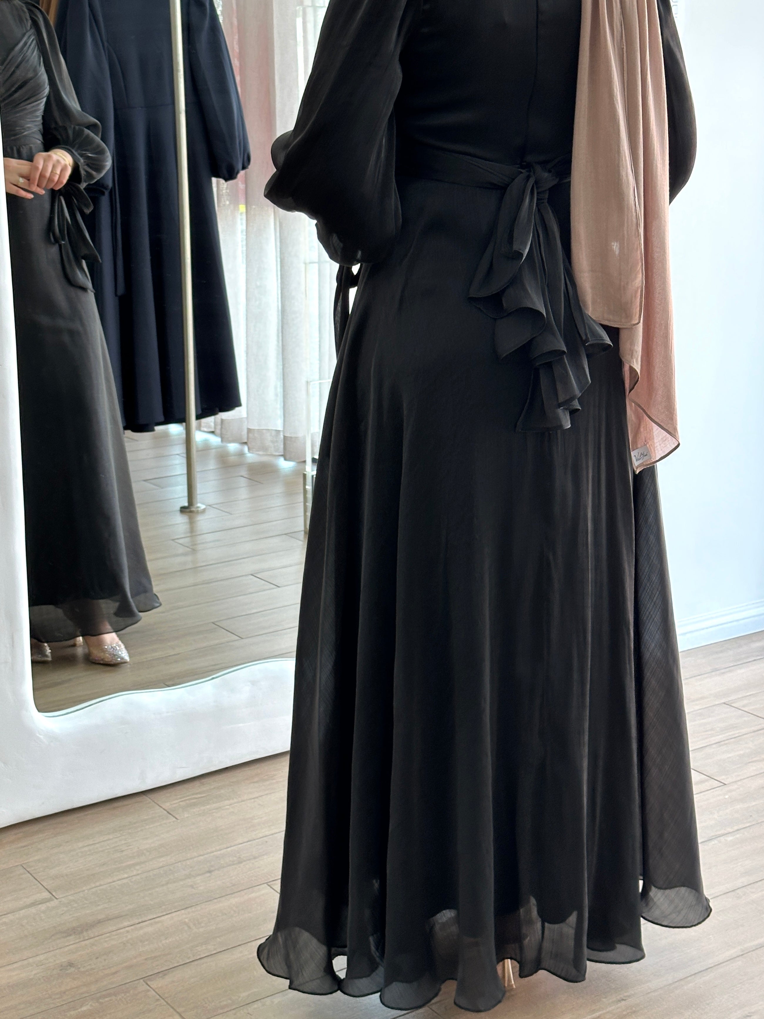 modest formal dress, long sleeve. full length maxi shimmer women's dress in black