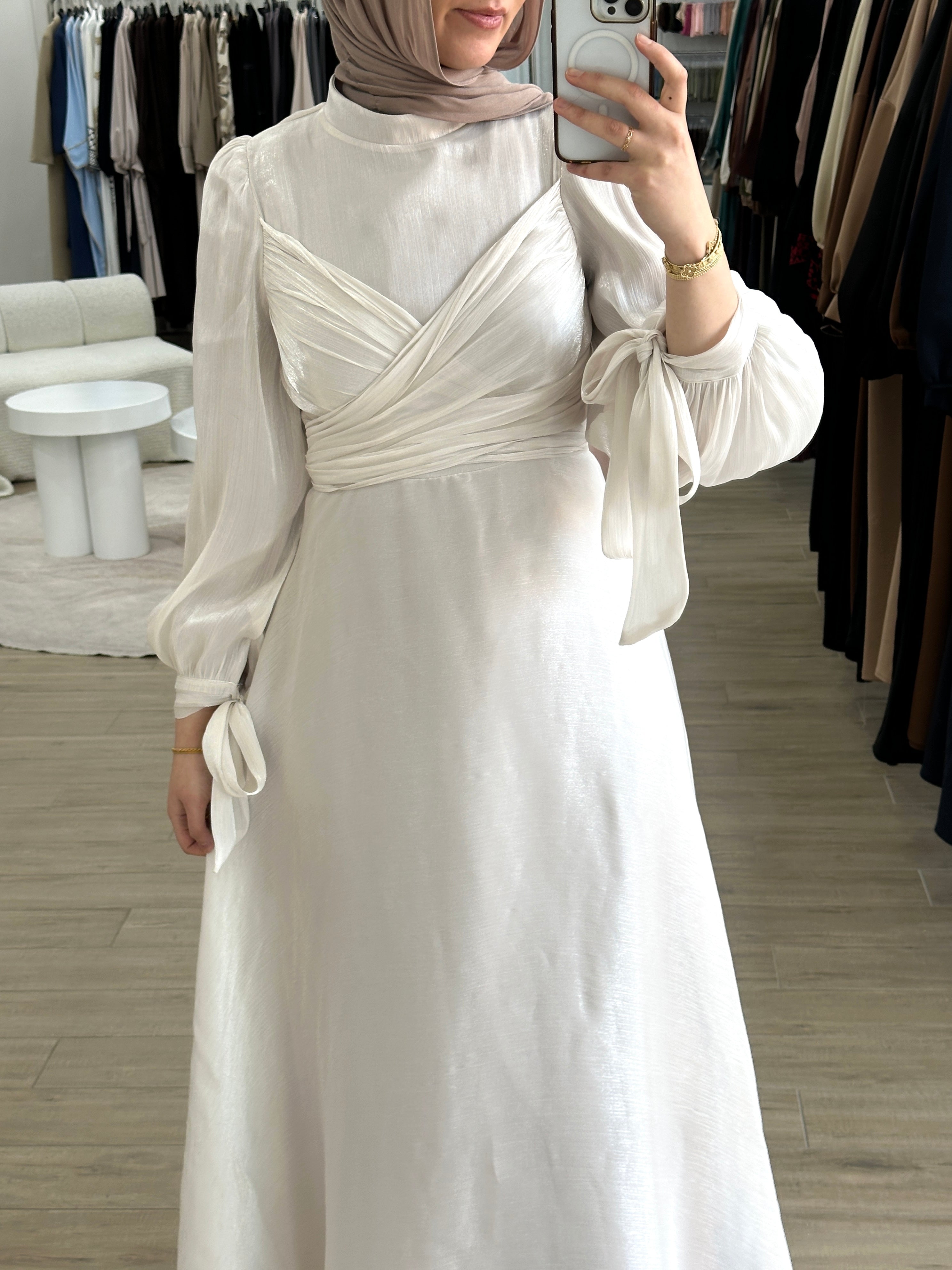 modest formal dress, long sleeve. full length maxi shimmer women's dress in stone pearl